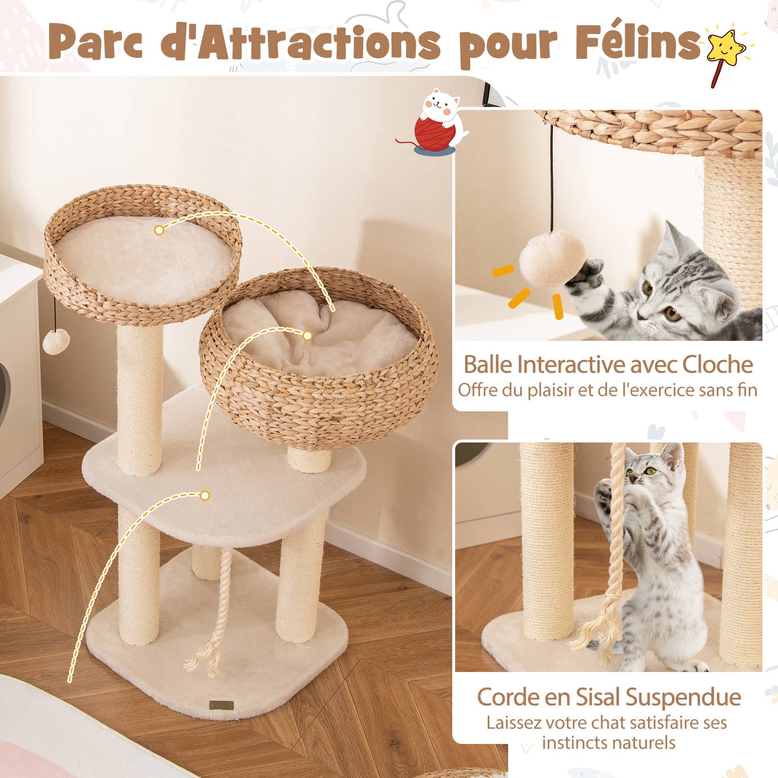 Arbre à Chat XXL 104 cm, Arbre à Chat Bois, 3 Poteaux à Griffer en Sisal,Tour pour Chaton 3 Plateformes, Panier, Pompon, Corde à Griffer, Beige - Image 5