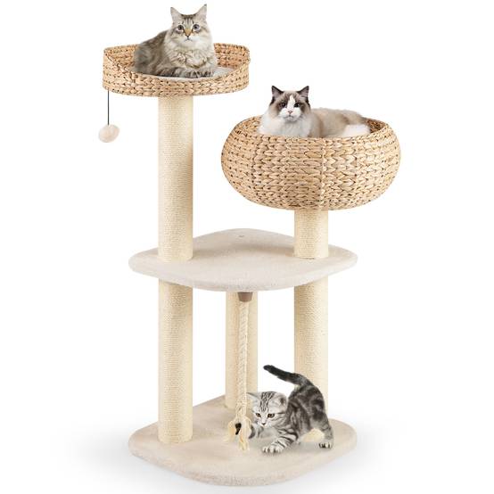Arbre à Chat XXL 104 cm, Arbre à Chat Bois, 3 Poteaux à Griffer en Sisal,Tour pour Chaton 3 Plateformes, Panier, Pompon, Corde à Griffer, Beige - Image 1