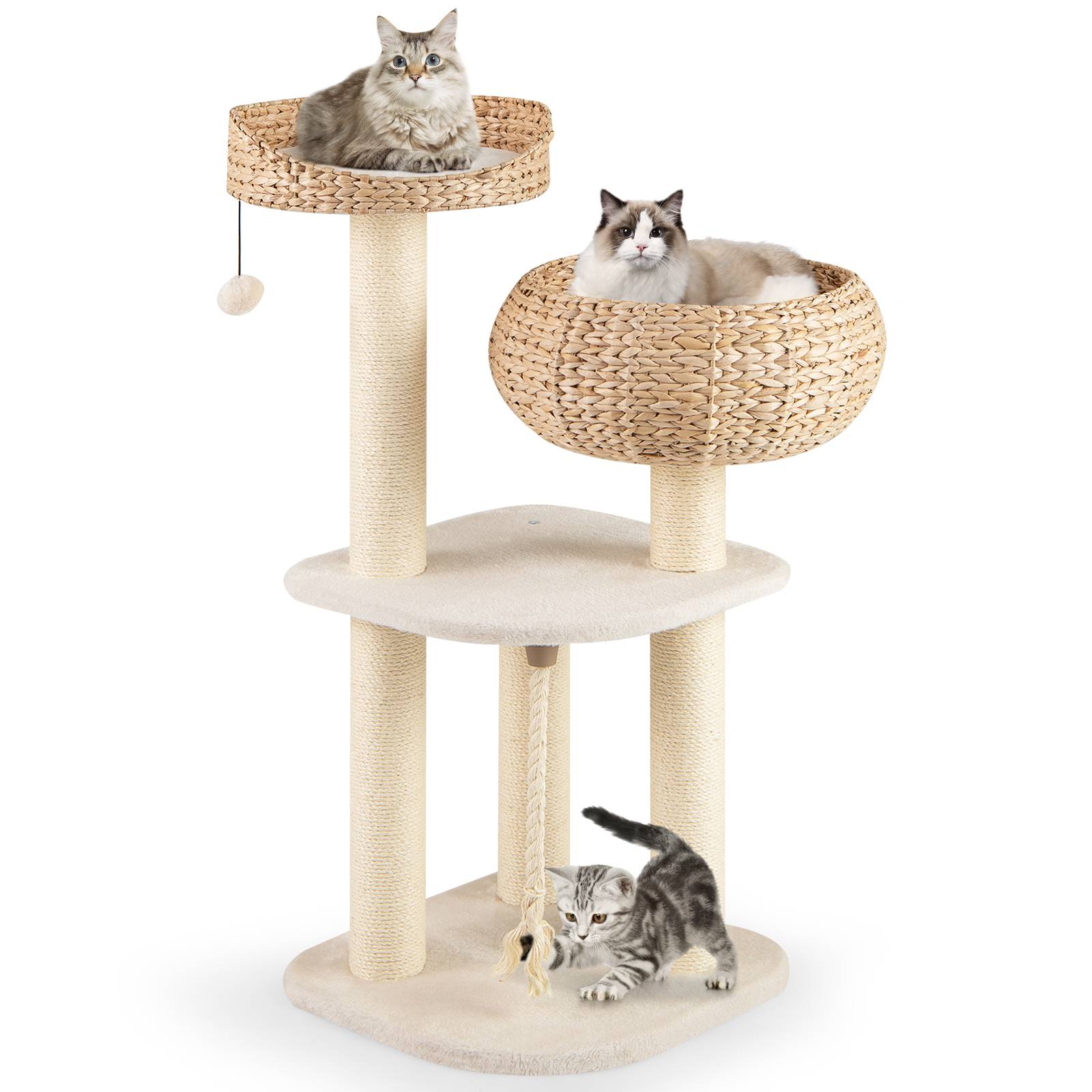 Arbre à Chat XXL 104 cm, Arbre à Chat Bois, 3 Poteaux à Griffer en Sisal,Tour pour Chaton 3 Plateformes, Panier, Pompon, Corde à Griffer, Beige - Image 1