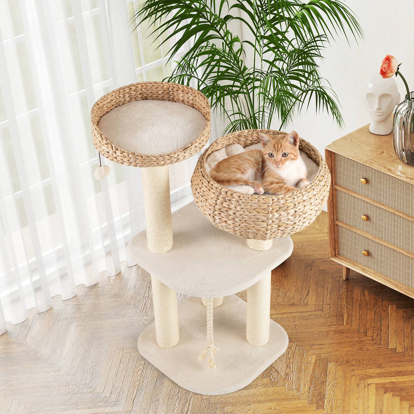 Arbre à Chat XXL 104 cm, Arbre à Chat Bois, 3 Poteaux à Griffer en Sisal,Tour pour Chaton 3 Plateformes, Panier, Pompon, Corde à Griffer, Beige - Image 3