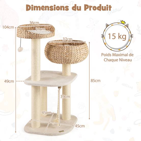 Arbre à Chat XXL 104 cm, Arbre à Chat Bois, 3 Poteaux à Griffer en Sisal,Tour pour Chaton 3 Plateformes, Panier, Pompon, Corde à Griffer, Beige - Image 4