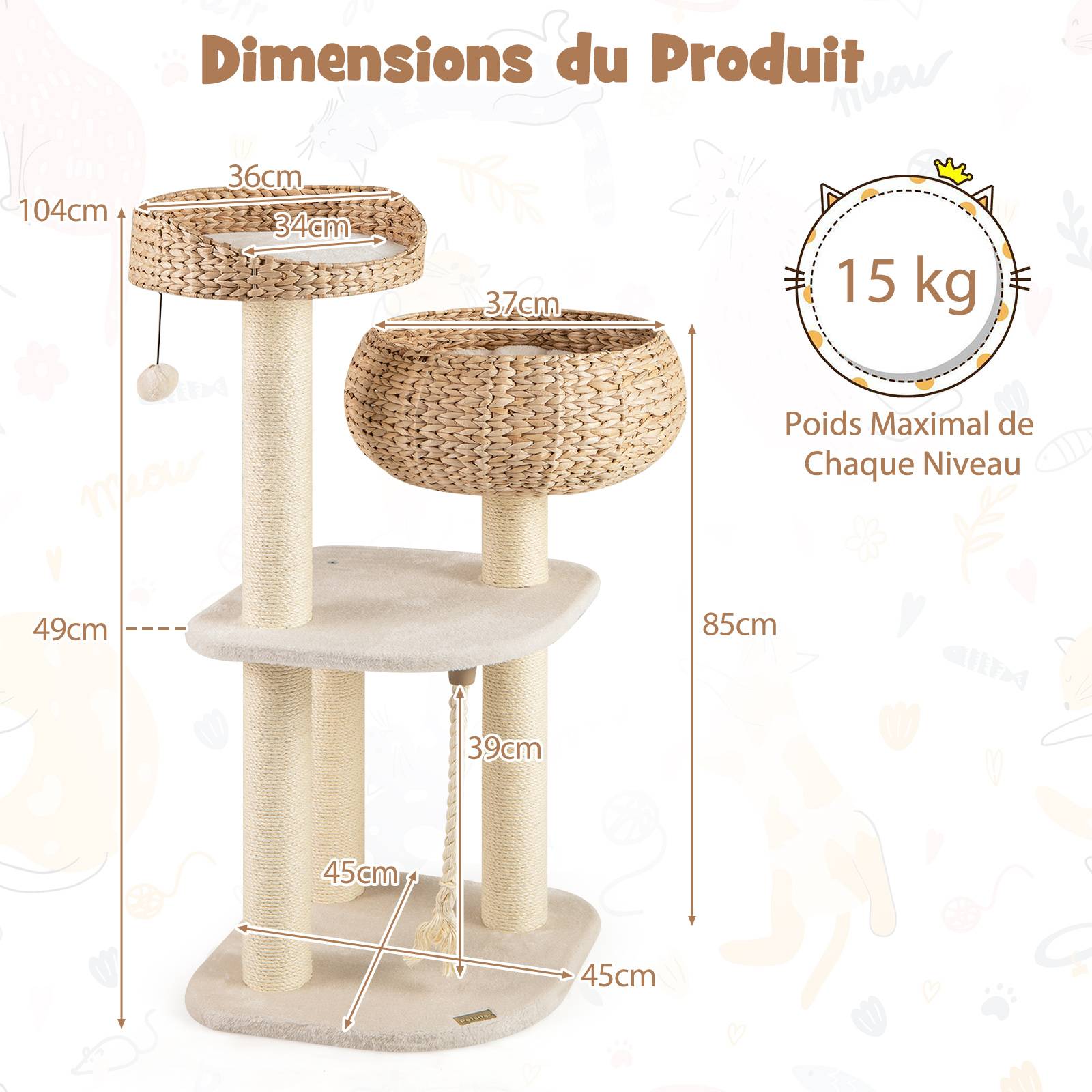 Arbre à Chat XXL 104 cm, Arbre à Chat Bois, 3 Poteaux à Griffer en Sisal,Tour pour Chaton 3 Plateformes, Panier, Pompon, Corde à Griffer, Beige - Image 4
