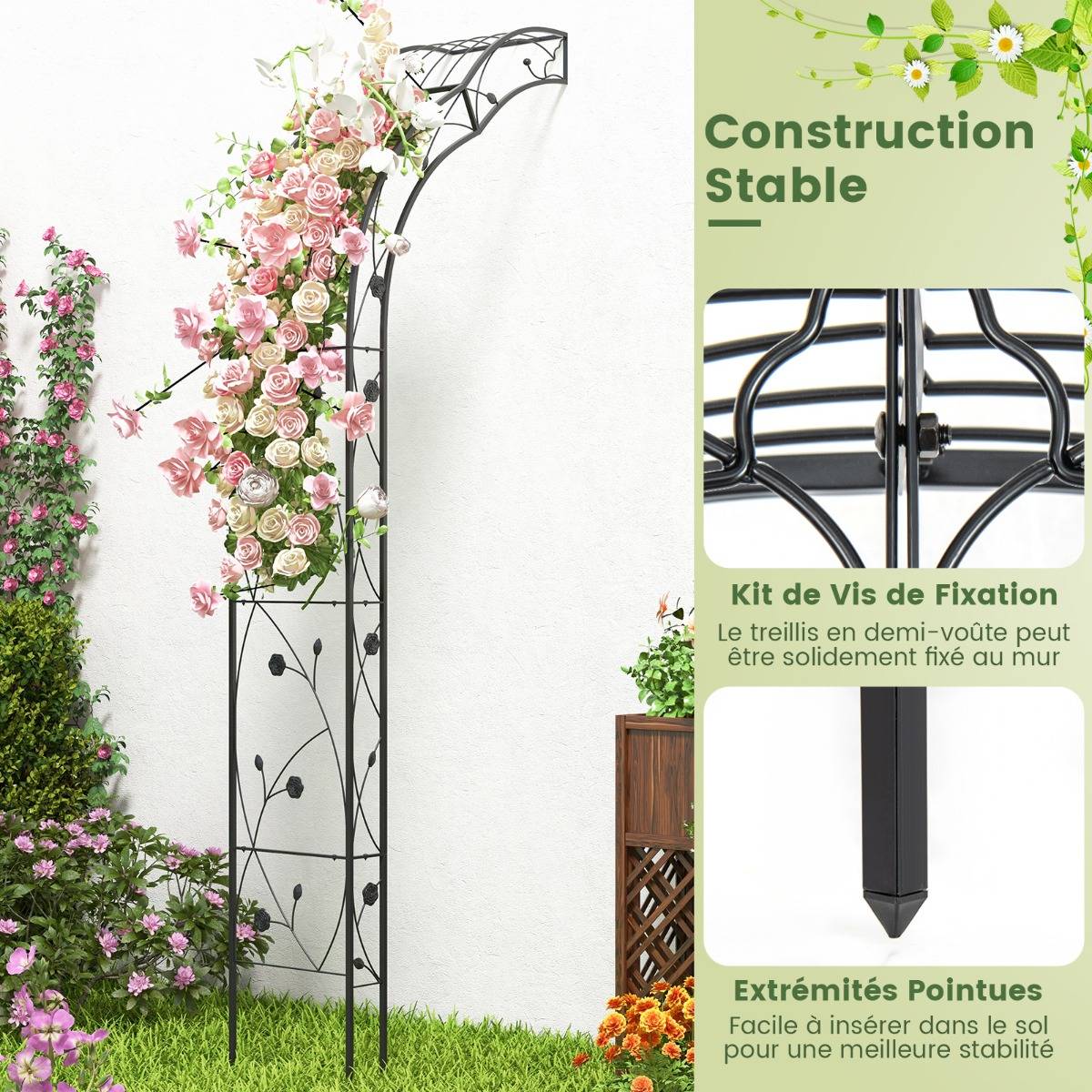 Arche de Jardin Métal Treillis de Jardin en 2 Demi-arcs Extérieur 150x39x250CM Noir - Image 8