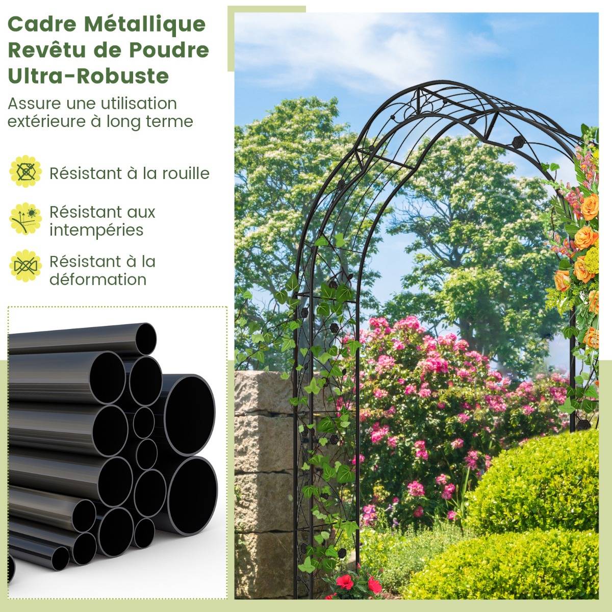 Arche de Jardin Métal Treillis de Jardin en 2 Demi-arcs Extérieur 150x39x250CM Noir - Image 9