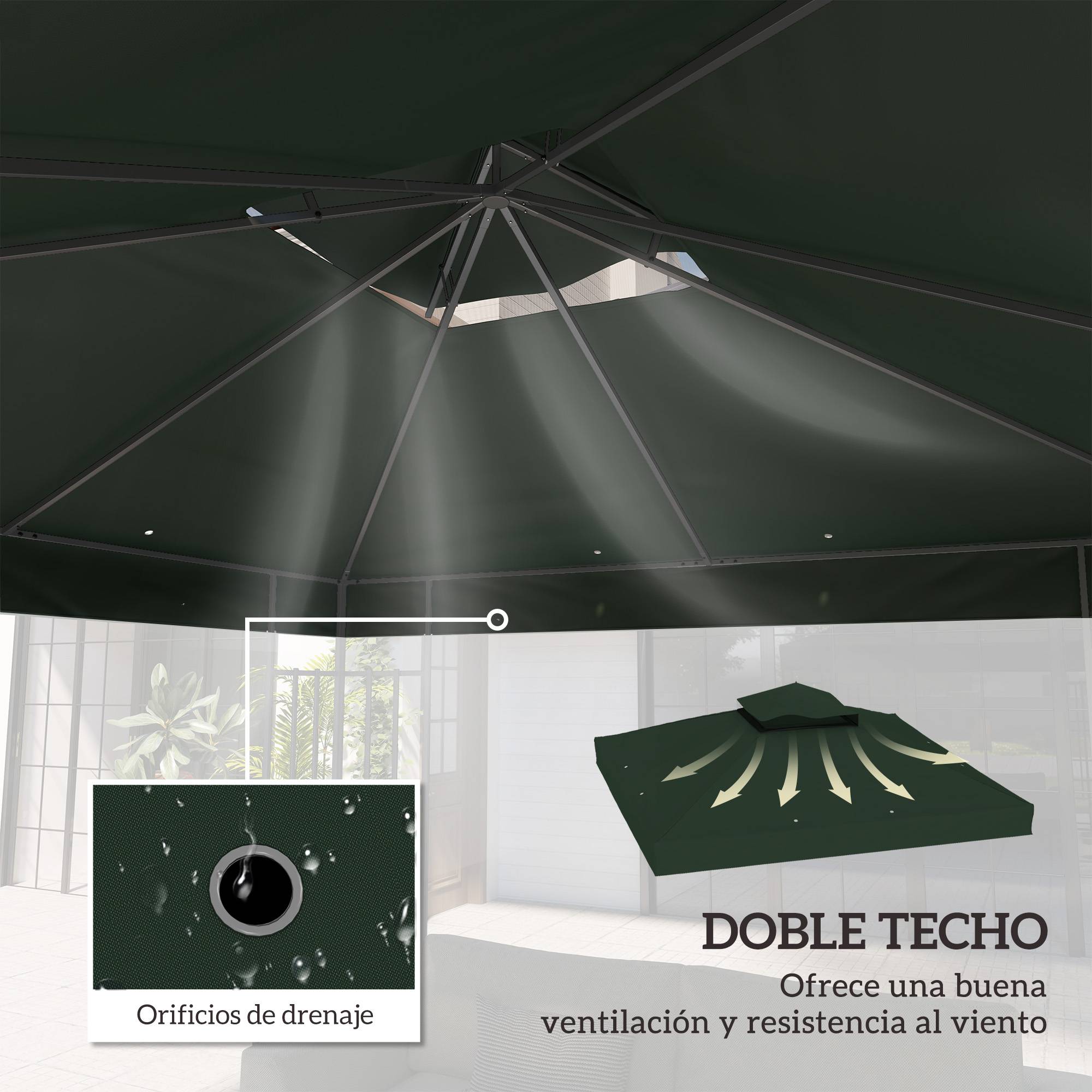 Toit de rechange 3x3 m avec double toit, trous de drainage et protection UPF30+, vert, seul toit sans structure - Image 6