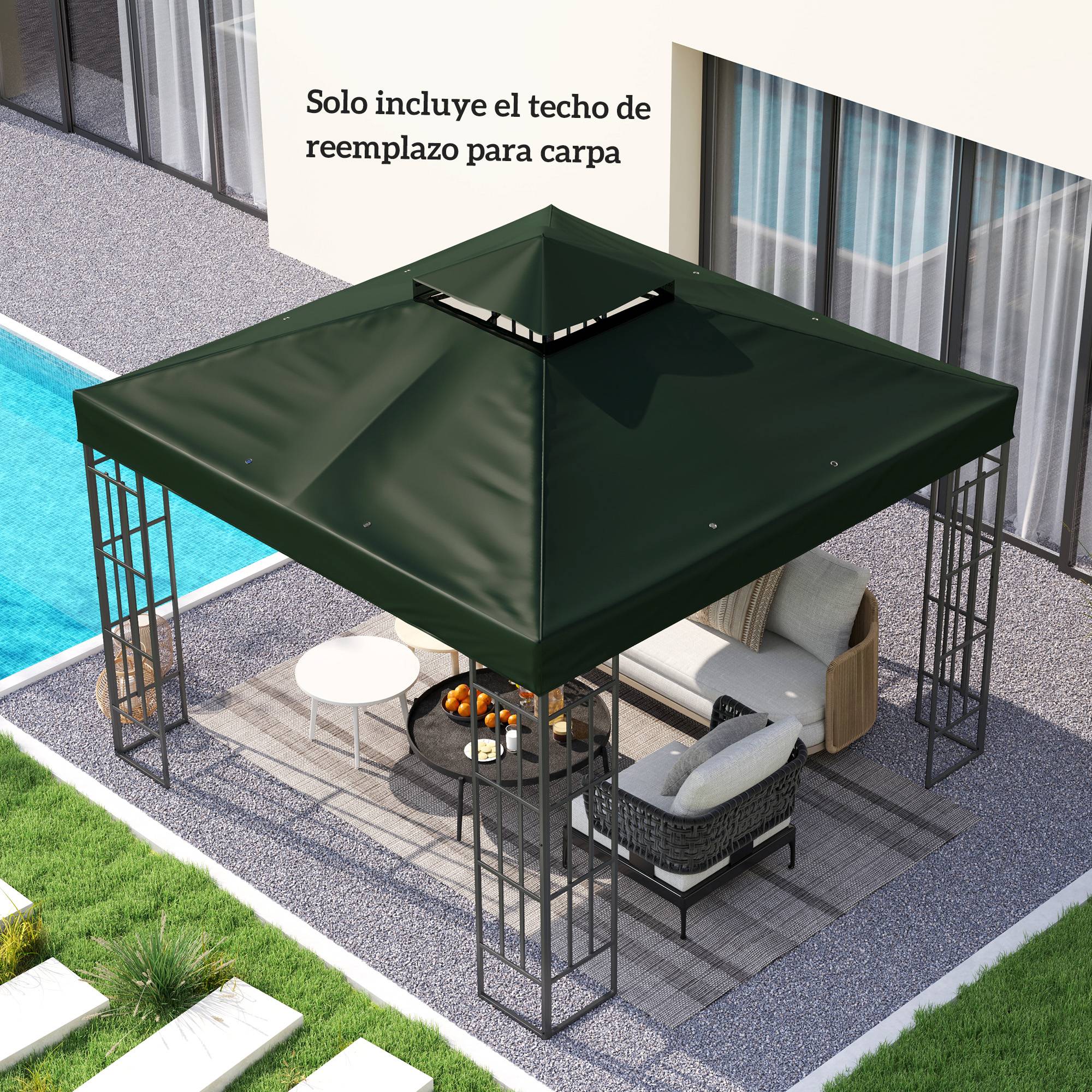 Toit de rechange 3x3 m avec double toit, trous de drainage et protection UPF30+, vert, seul toit sans structure - Image 9