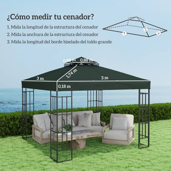 Toit de rechange 3x3 m avec double toit, trous de drainage et protection UPF30+, vert, seul toit sans structure - Image 5