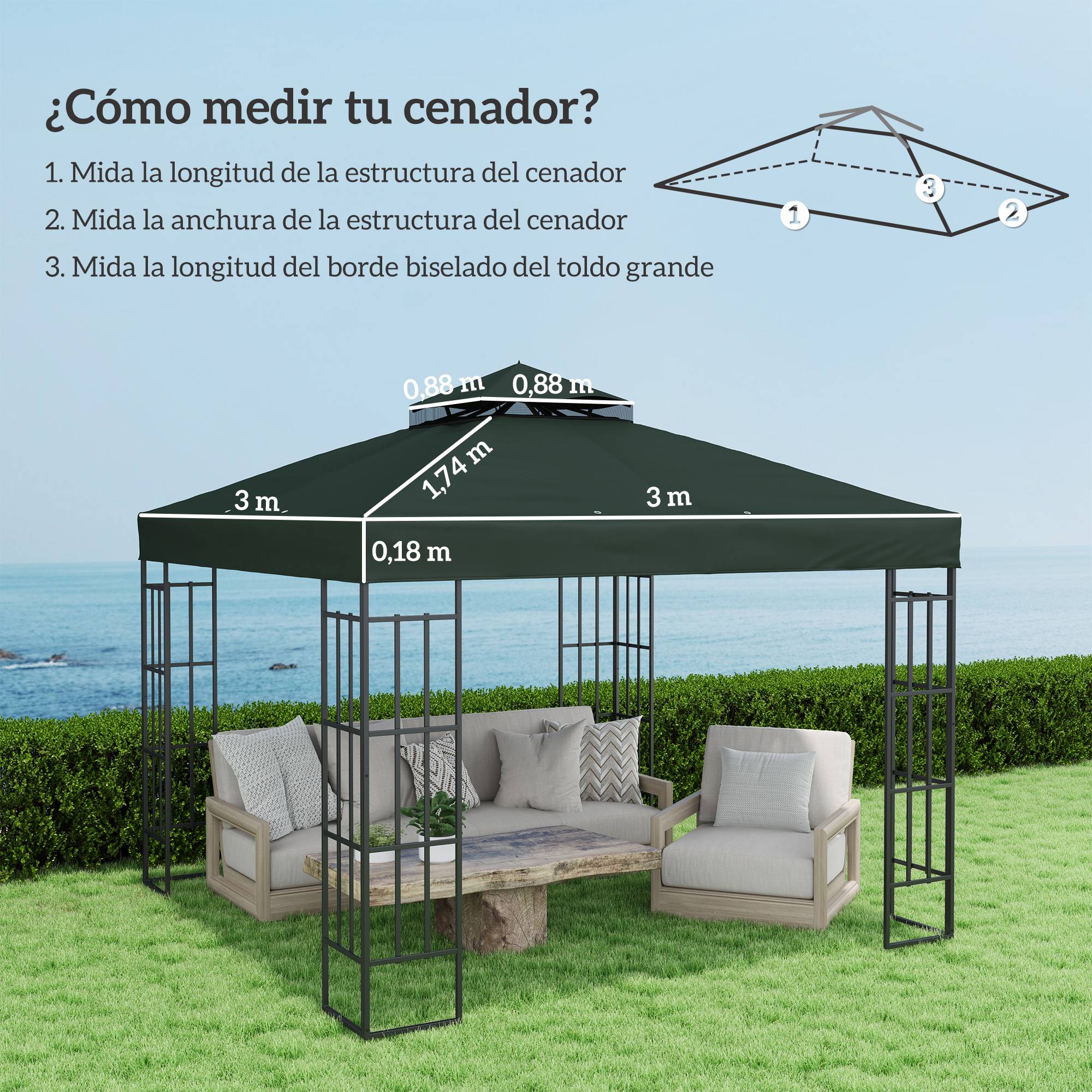 Toit de rechange 3x3 m avec double toit, trous de drainage et protection UPF30+, vert, seul toit sans structure - Image 5