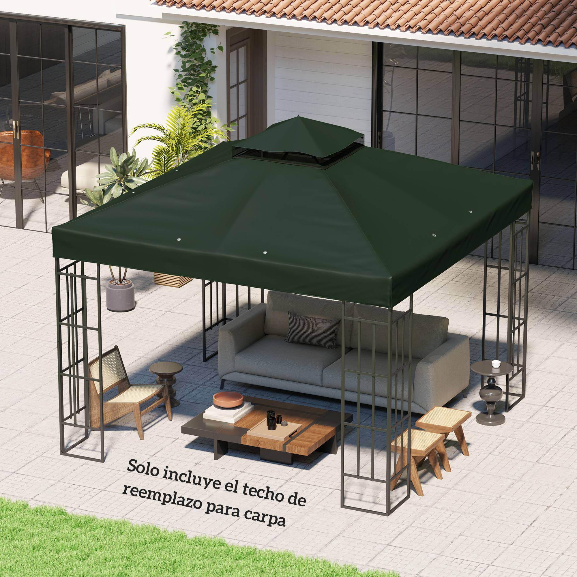 Toit de rechange 3x3 m avec double toit, trous de drainage et protection UPF30+, vert, seul toit sans structure - Image 4