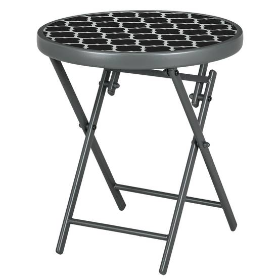 Sans Marque - Table basse pliante appoint verre trempé motifs noirs blancs métal Ø45x50 cm noir - Image 2