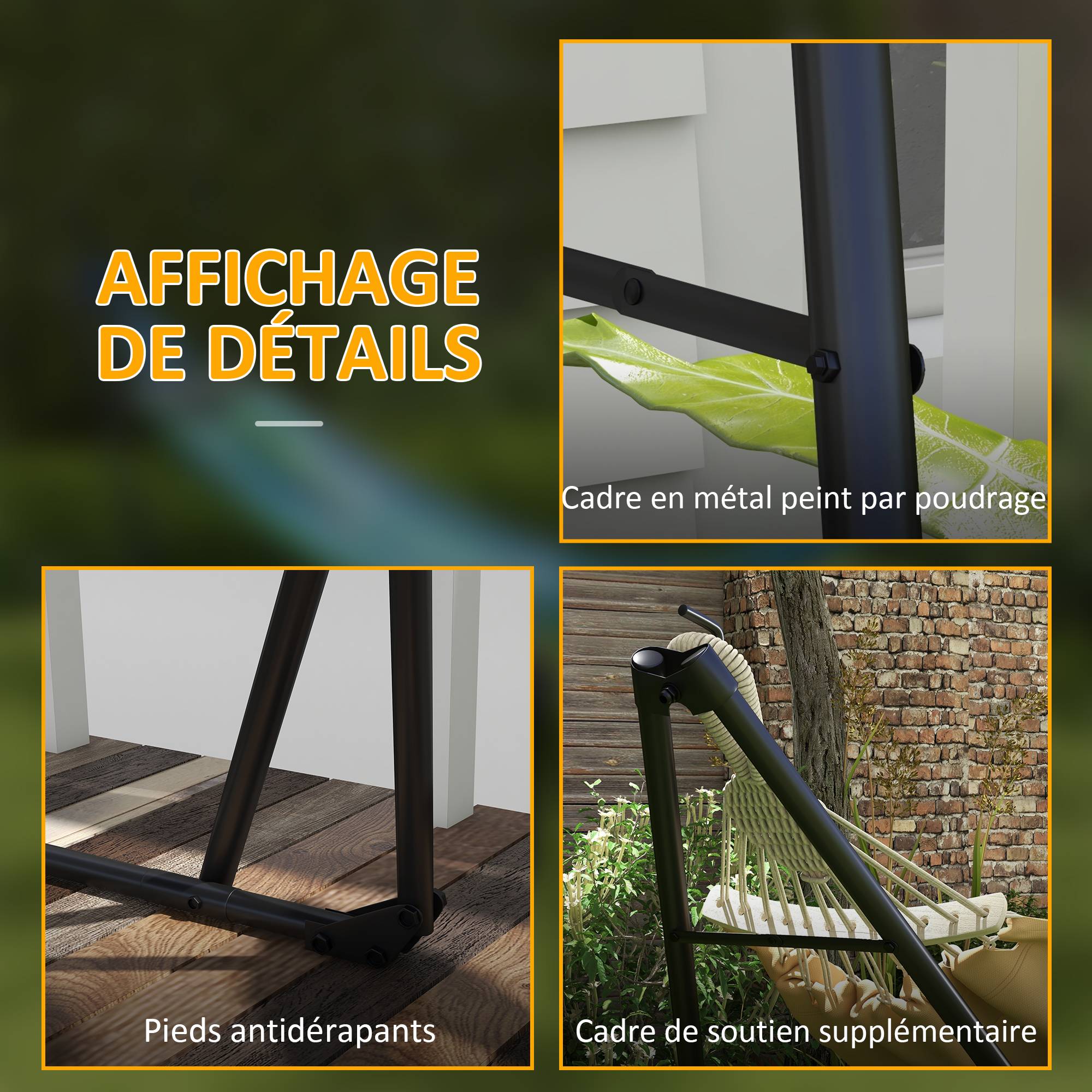 Support hamac pliable 2en1 métal jardin avec chaise suspendue 263cm kaki - ComfortXL Outdoor Living - Image 8