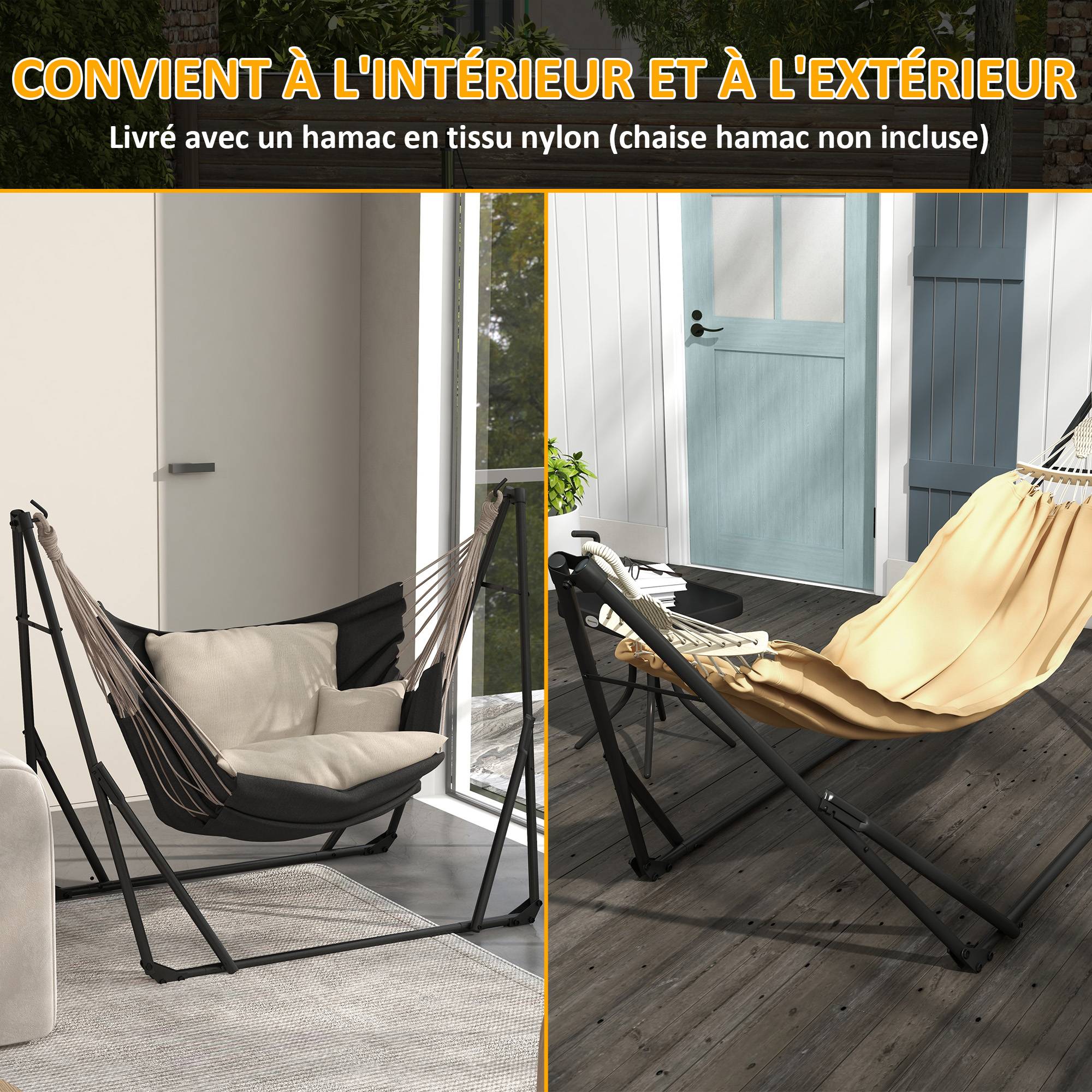 Support hamac pliable 2en1 métal jardin avec chaise suspendue 263cm kaki - ComfortXL Outdoor Living - Image 9