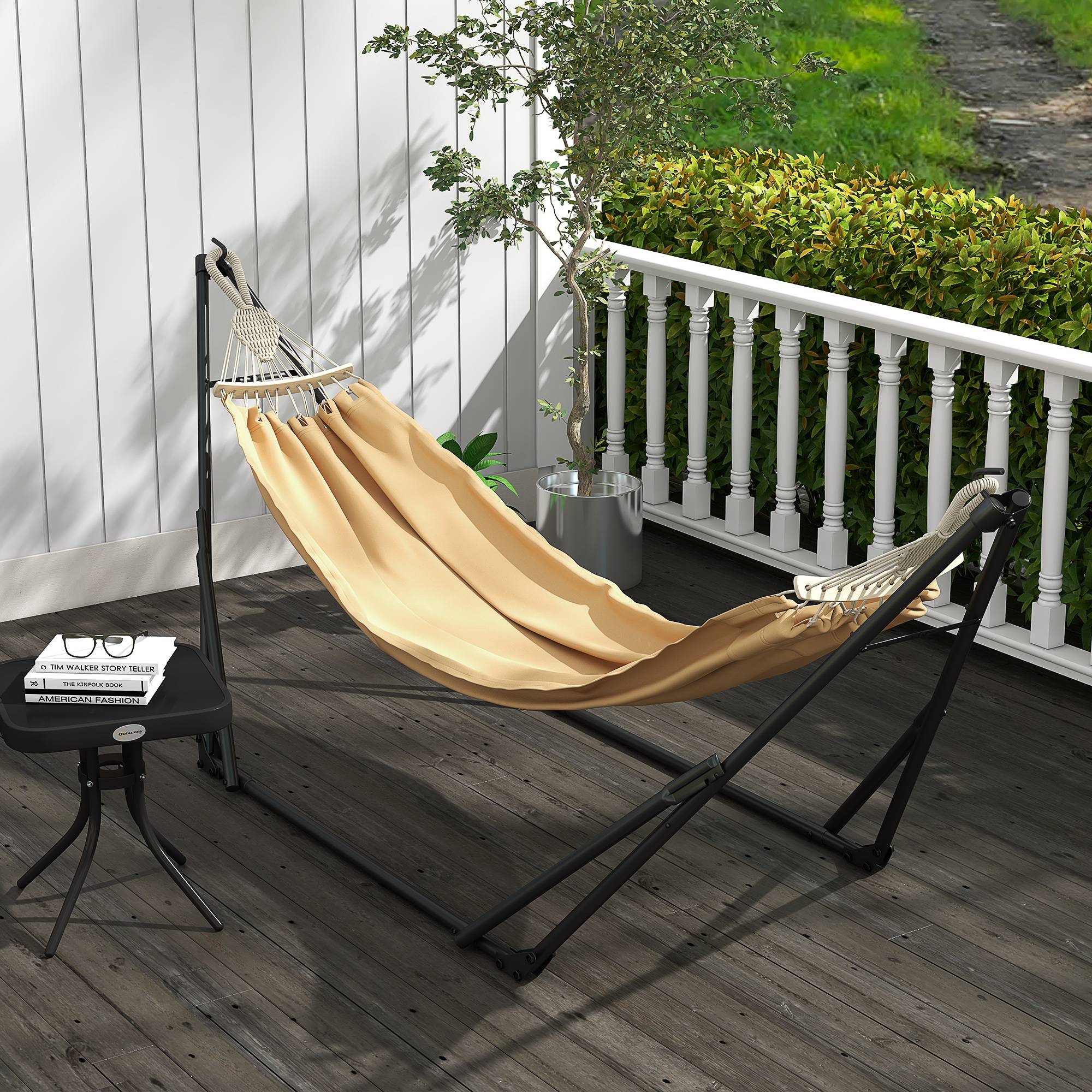 Support hamac pliable 2en1 métal jardin avec chaise suspendue 263cm kaki - ComfortXL Outdoor Living - Image 4