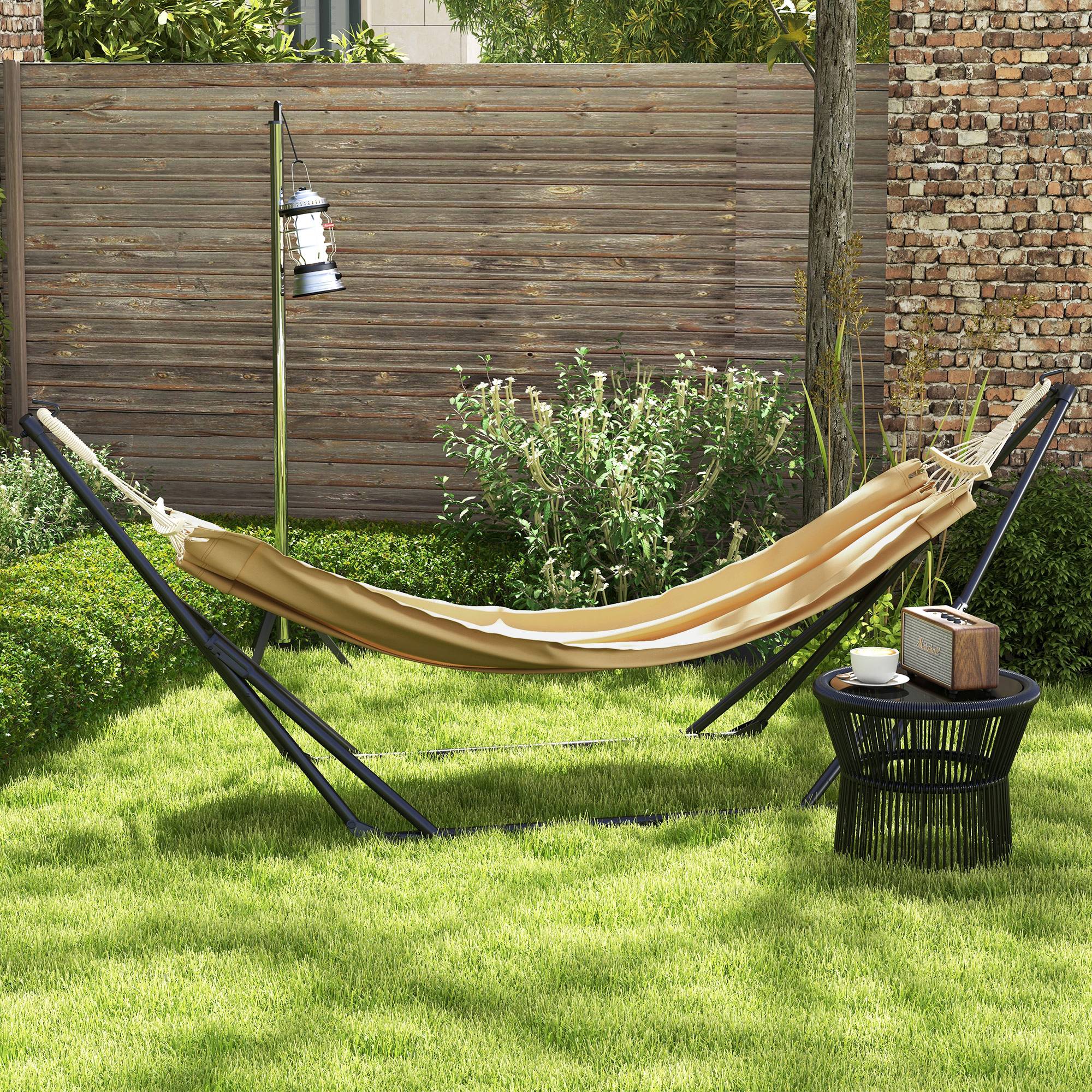 Support hamac pliable 2en1 métal jardin avec chaise suspendue 263cm kaki - ComfortXL Outdoor Living - Image 3