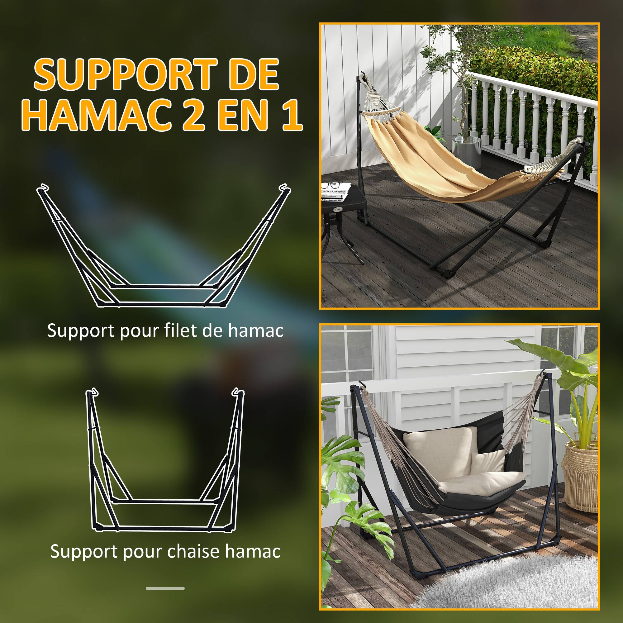 Support hamac pliable 2en1 métal jardin avec chaise suspendue 263cm kaki - ComfortXL Outdoor Living - Image 6