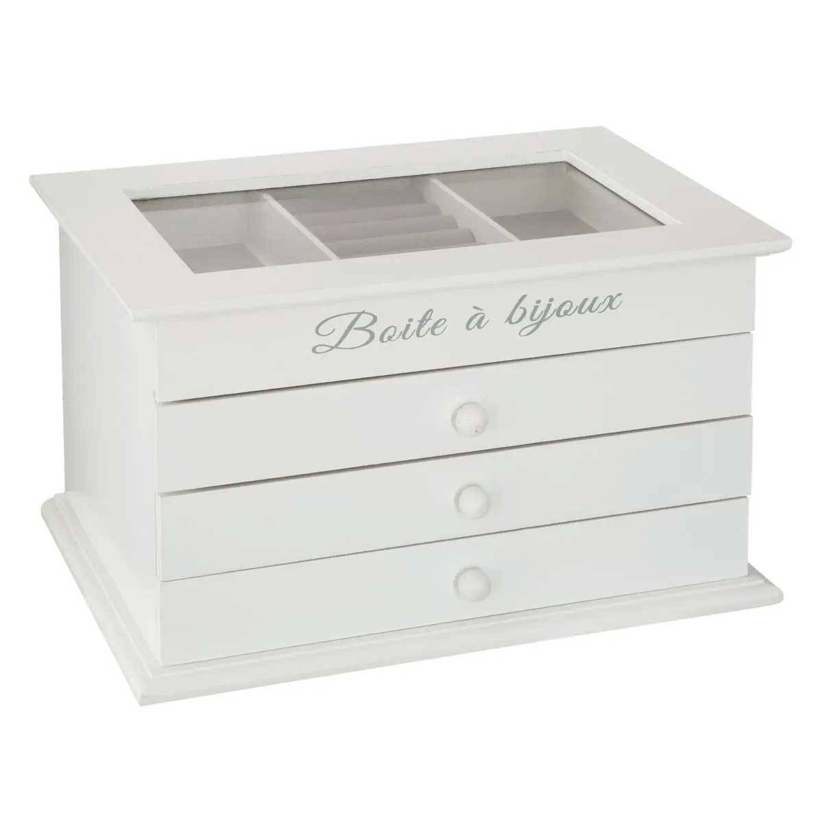 Boîte à Bijoux Vitrée 3 Tiroirs "Charme" 25cm Blanc - Image 1