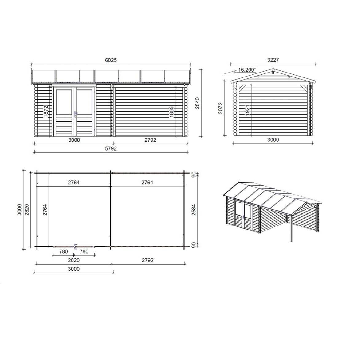 Altanka - Abri de jardin en bois - 17.4m2 - 5.79x3m - Ep. 28mm - Couleur: naturel - DOM639 - ALTANKA - Image 3