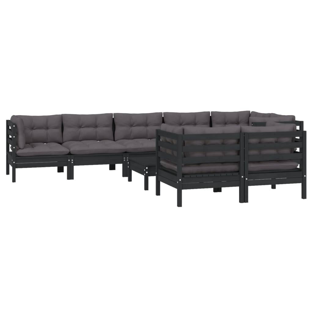 Helloshop26 - Salon de jardin meuble d'extérieur ensemble de mobilier 9 pièces avec coussins noir bois de pin massif - Image 2