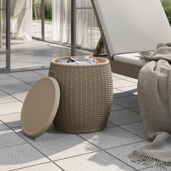 Coffre Multifonction 4 en 1 Aspect Rotin Tabouret Glacière pour Jardin Marron Clair 37L – ComfortXL Outdoor Living - Image 3