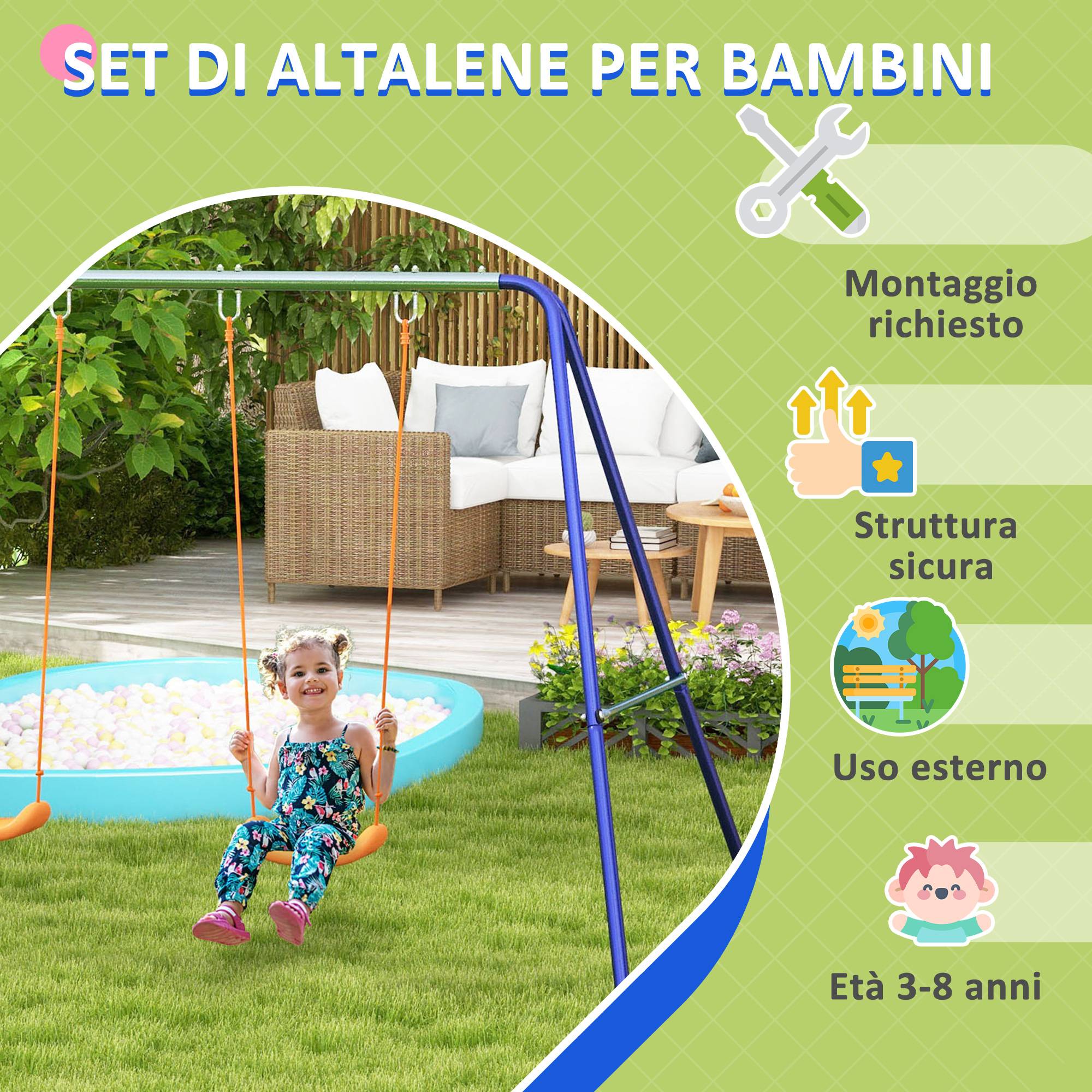 Balançoire pour enfants de 3 à 8 ans, 2 sièges et 4 barres de suspension, en métal et polypropylène, 269 x 160 x 180 cm - Image 9