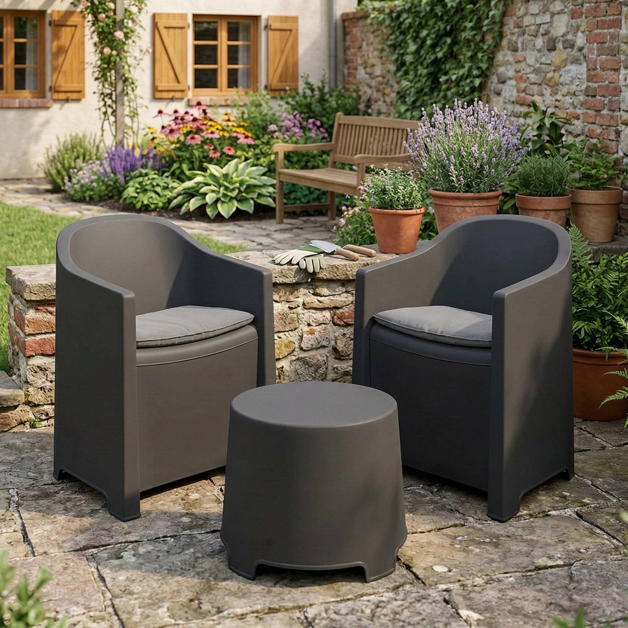Dmora - Salon d'extérieur Milazzo, Composition de jardin avec 2 fauteuils et 1 table basse, Salon intérieur et extérieur avec coussins, Anthracite - Dmora - Image 2