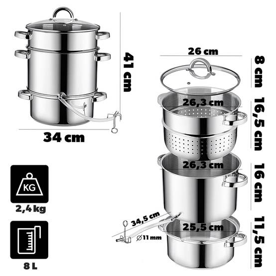 Presse-agrumes Pot 8L Inox Vapeur Pour Induction Gaz Acier 3en1 Grand - Image 3