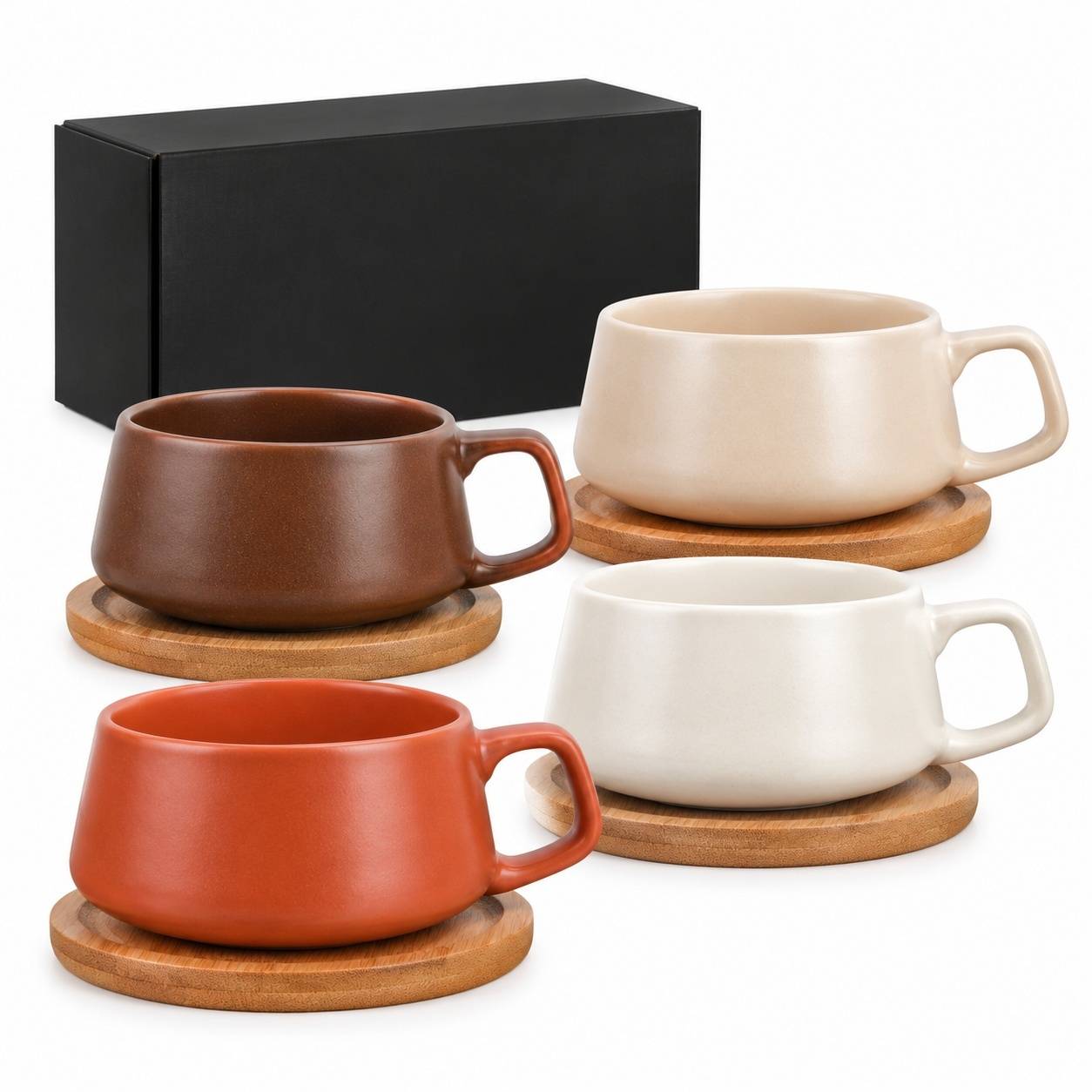 Set de 4 Tasses à Cappuccino en Céramique avec Soucoupes en Bois - Image 1