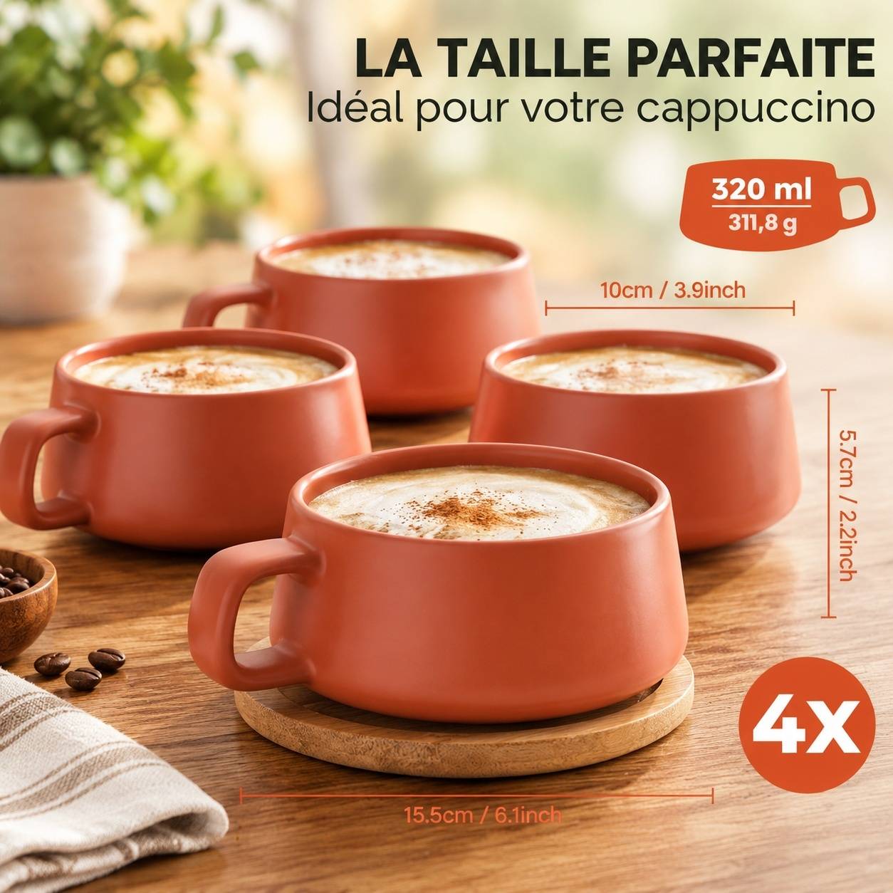 Set de 4 Tasses à Cappuccino en Céramique avec Soucoupes en Bois - Image 6