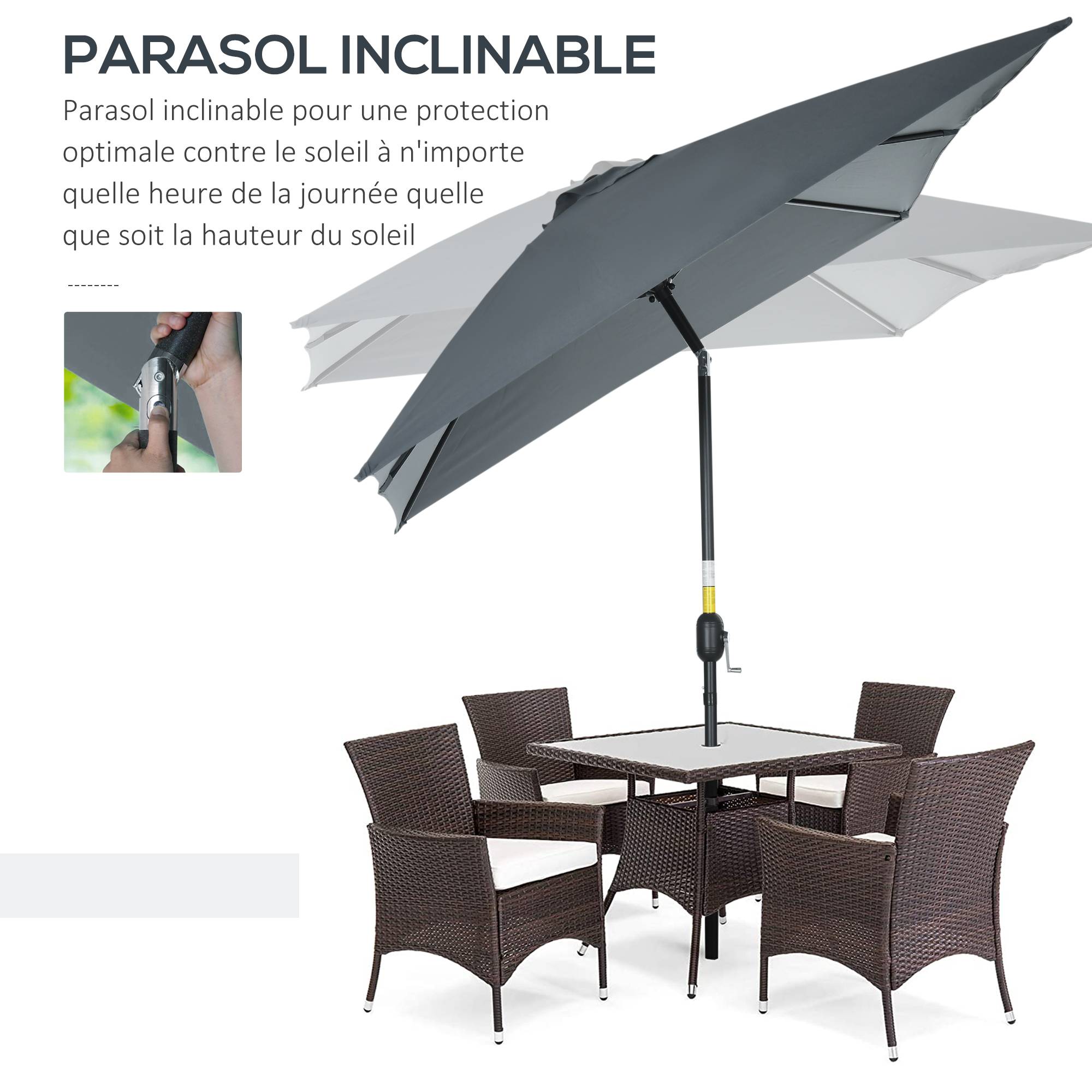 Parasol rectangulaire inclinable aluminium polyester 180g manivelle 294x198cm gris foncé - ComfortXL Outdoor Living - Image 6