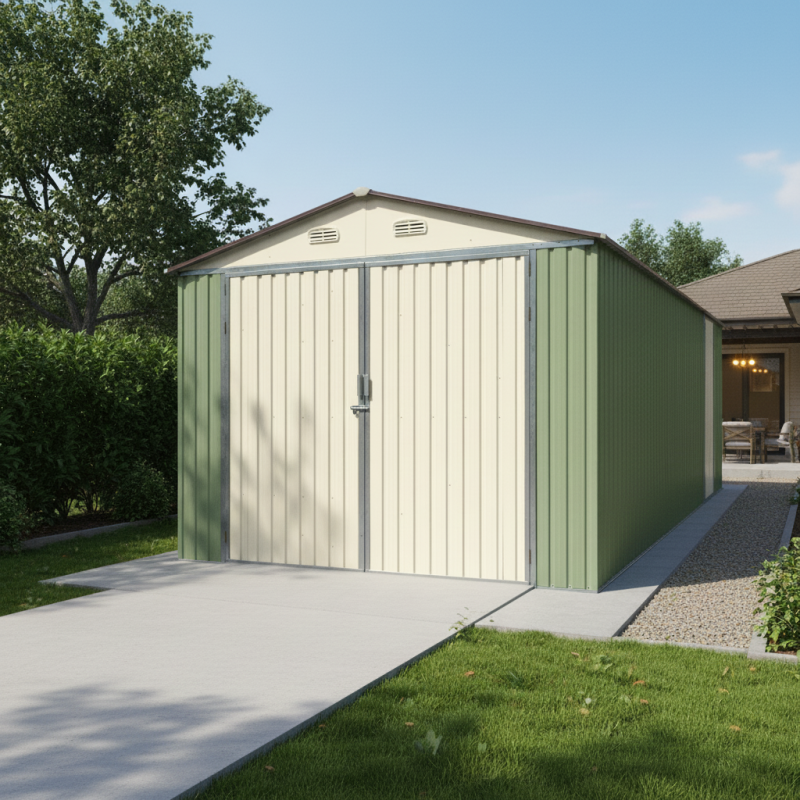 Garage métallique 18m² double porte vert pâle et crème avec kit d'ancrage X-Metal - Image 2