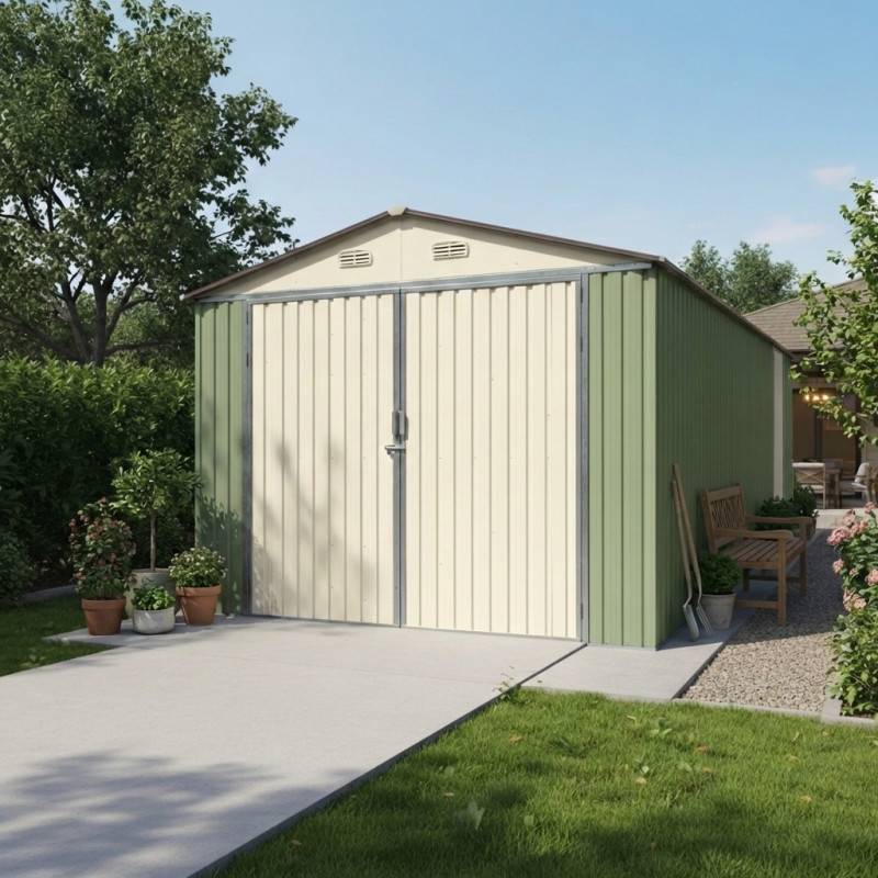 Garage métallique 18m² double porte vert pâle et crème avec kit d'ancrage X-Metal - Image 1