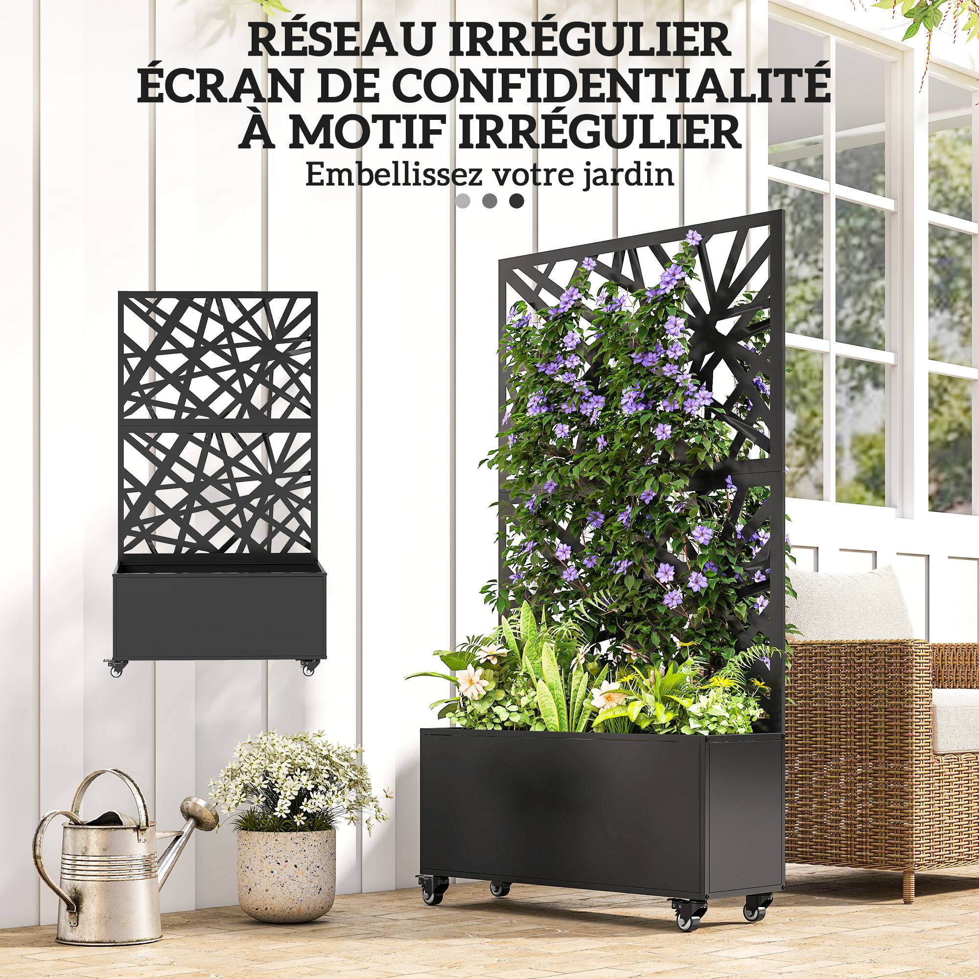 ComfortXL - Jardinière Treillis Brise Vue Métal Jardin Intimité Sur Roulettes 90x30x160cm Noir - ComfortXL Outdoor Living - Image 7