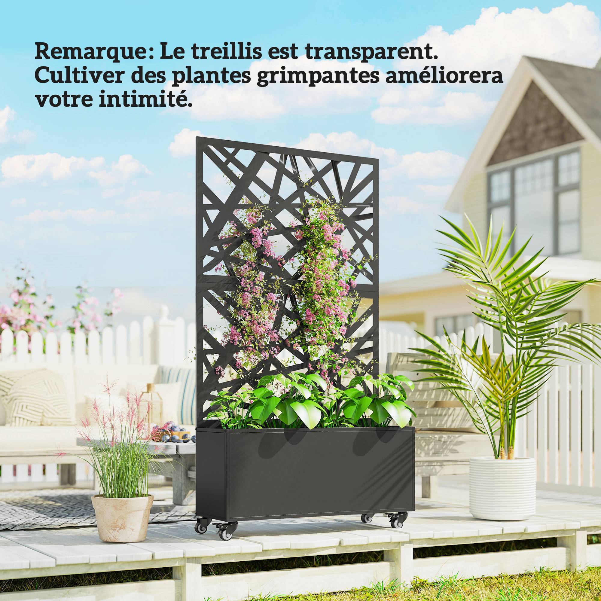 ComfortXL - Jardinière Treillis Brise Vue Métal Jardin Intimité Sur Roulettes 90x30x160cm Noir - ComfortXL Outdoor Living - Image 10