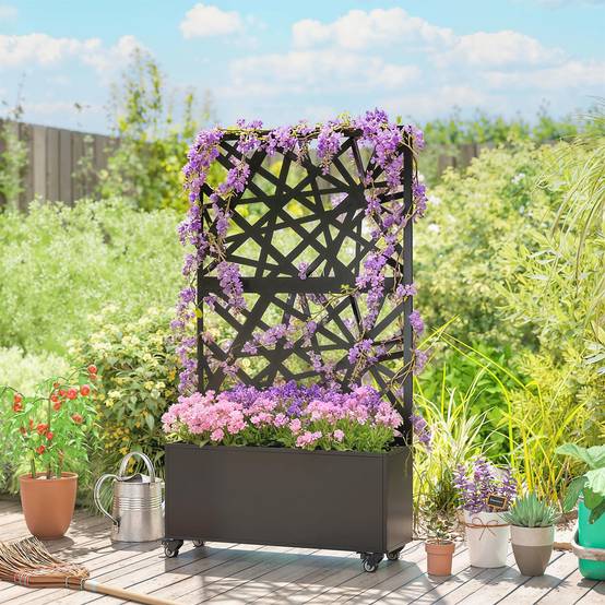 ComfortXL - Jardinière Treillis Brise Vue Métal Jardin Intimité Sur Roulettes 90x30x160cm Noir - ComfortXL Outdoor Living - Image 4