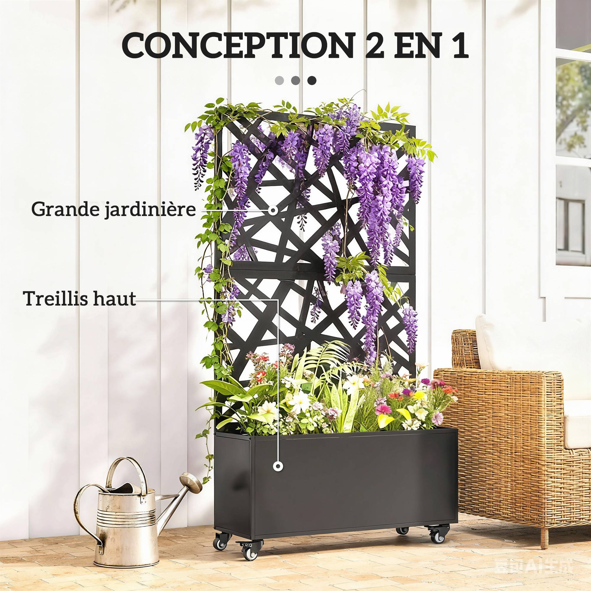 ComfortXL - Jardinière Treillis Brise Vue Métal Jardin Intimité Sur Roulettes 90x30x160cm Noir - ComfortXL Outdoor Living - Image 6