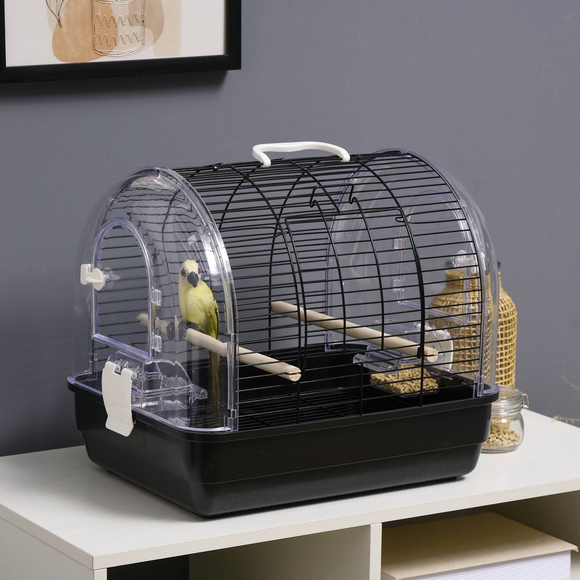 Pawhut - Cage à oiseaux portable 2 mangeoires 2 perchoirs 3 portes plateau excrément amovible poignée transport métal PS noir - Image 8