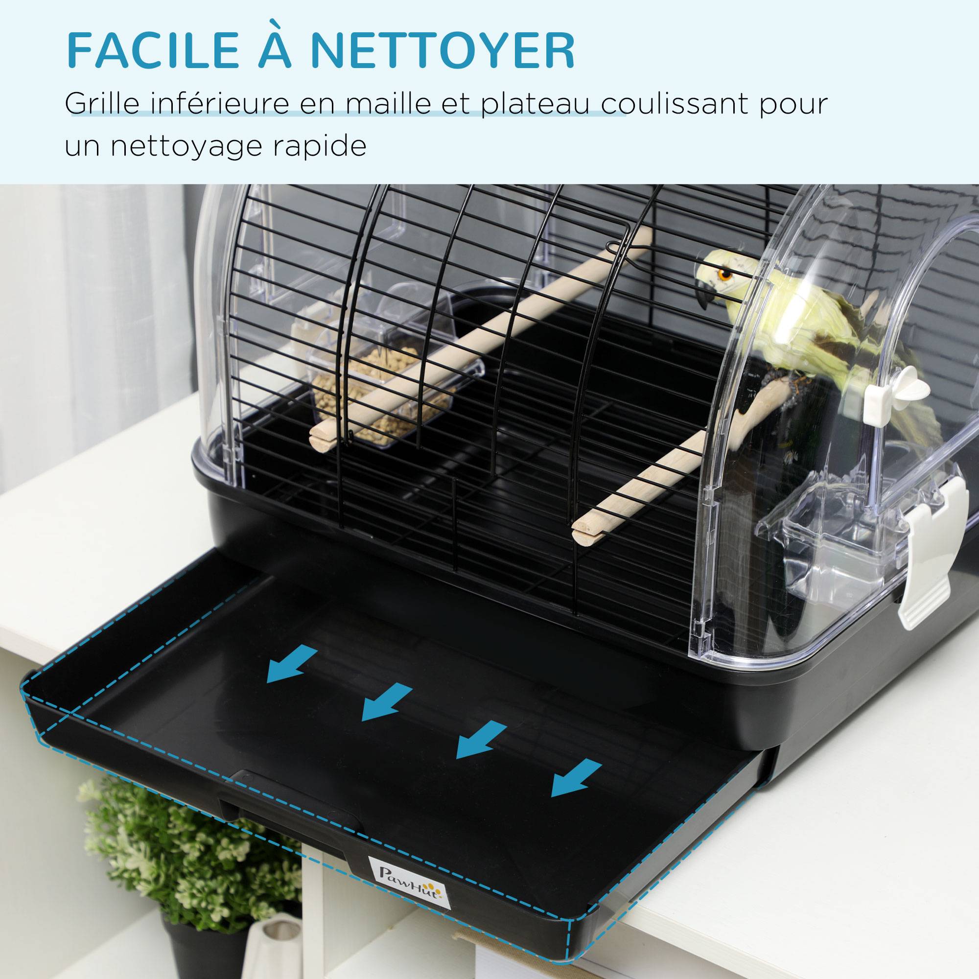 Pawhut - Cage à oiseaux portable 2 mangeoires 2 perchoirs 3 portes plateau excrément amovible poignée transport métal PS noir - Image 4