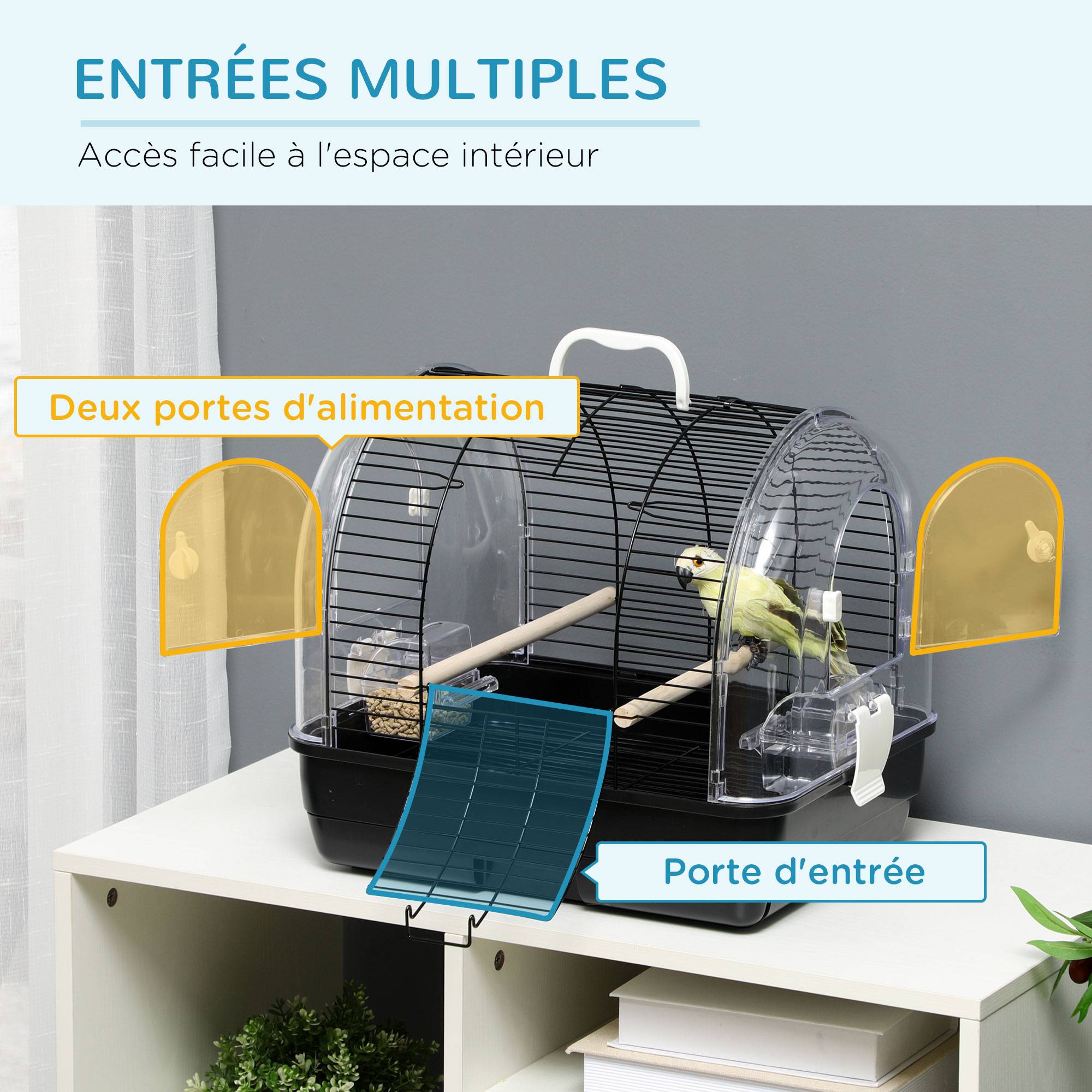 Pawhut - Cage à oiseaux portable 2 mangeoires 2 perchoirs 3 portes plateau excrément amovible poignée transport métal PS noir - Image 5