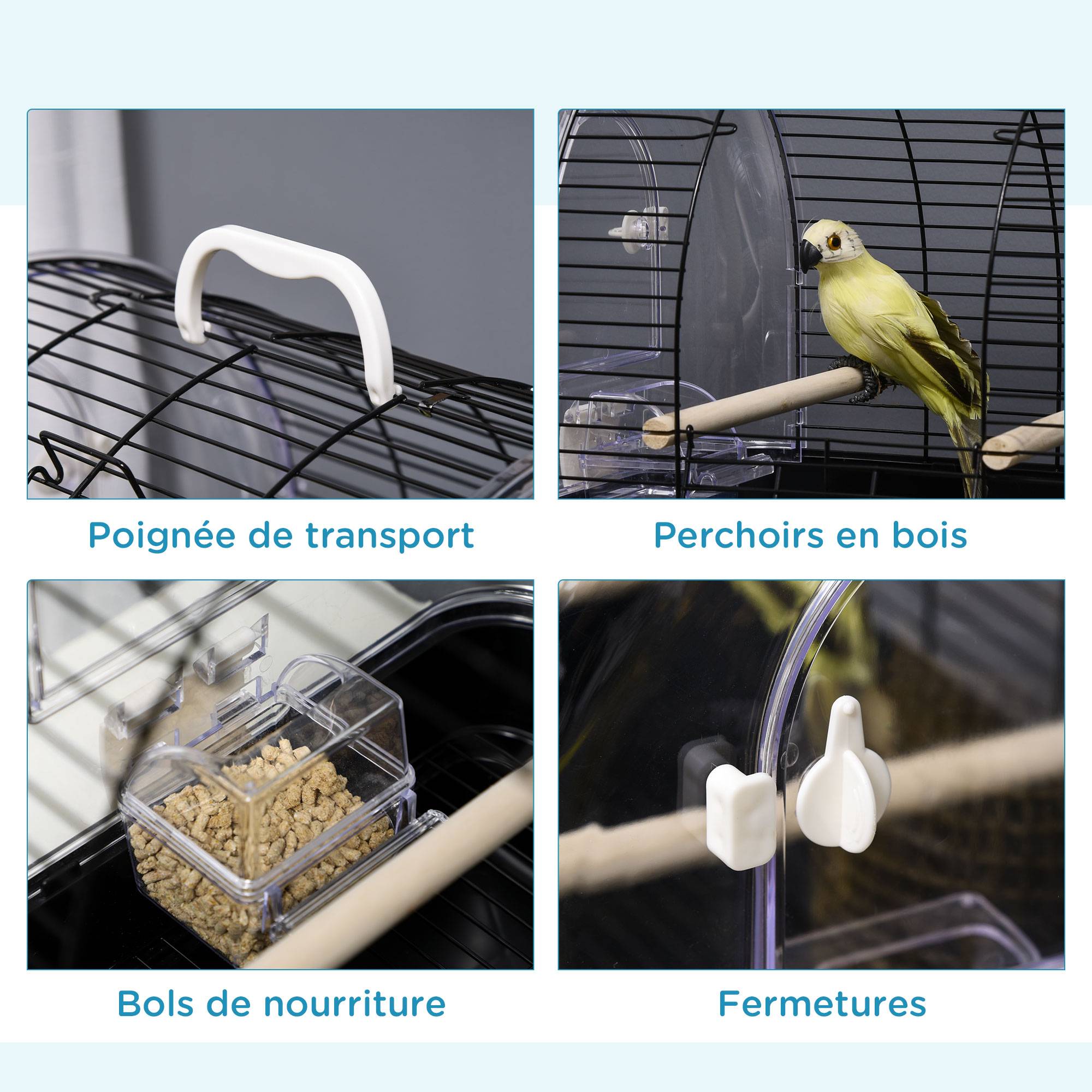 Pawhut - Cage à oiseaux portable 2 mangeoires 2 perchoirs 3 portes plateau excrément amovible poignée transport métal PS noir - Image 6
