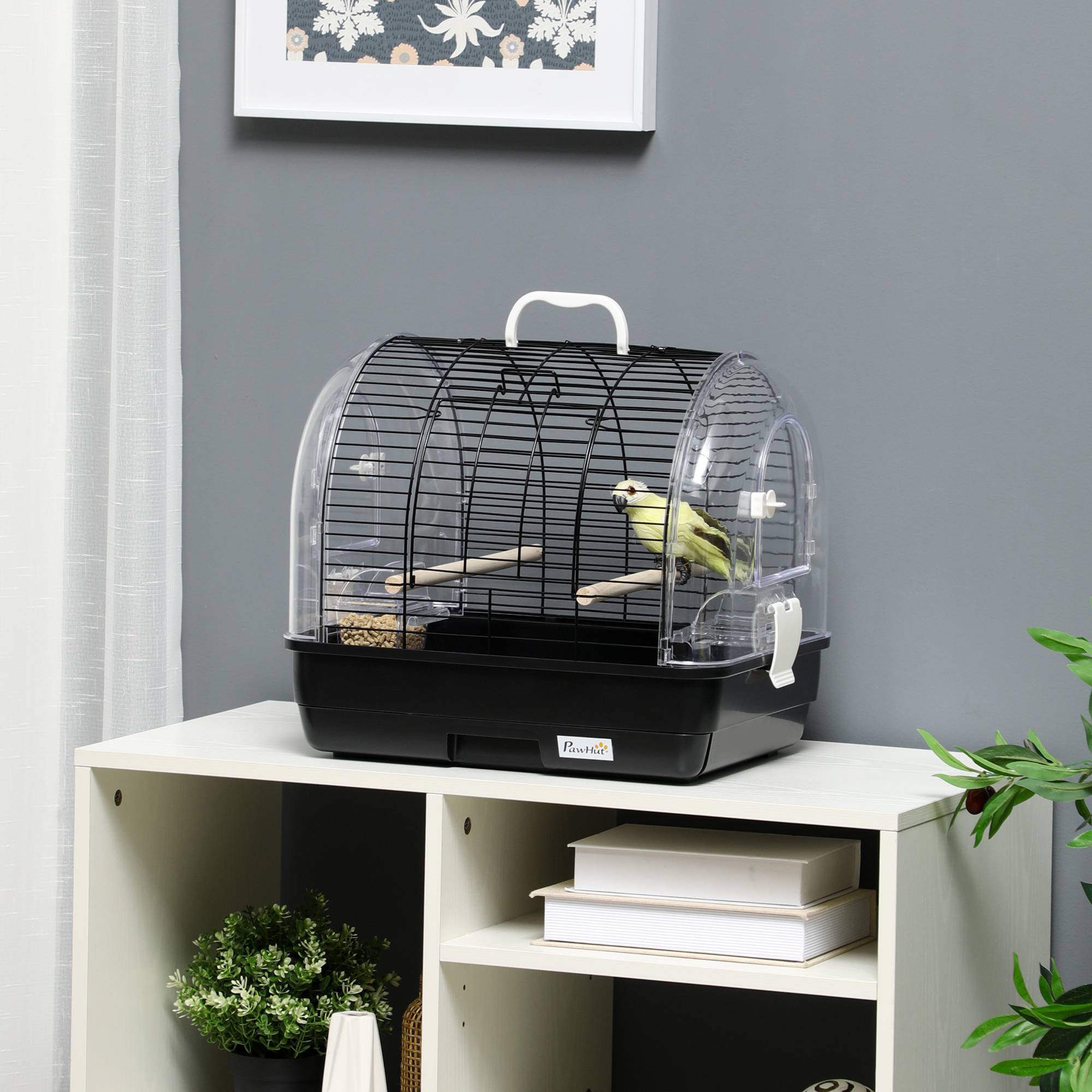 Pawhut - Cage à oiseaux portable 2 mangeoires 2 perchoirs 3 portes plateau excrément amovible poignée transport métal PS noir - Image 2