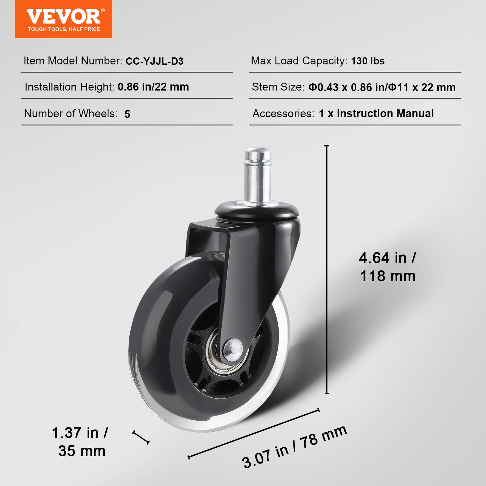 VEVOR Roulettes Pivotantes Chaise de Bureau 5 Roulettes de Remplacement 76,2 mm - Image 7