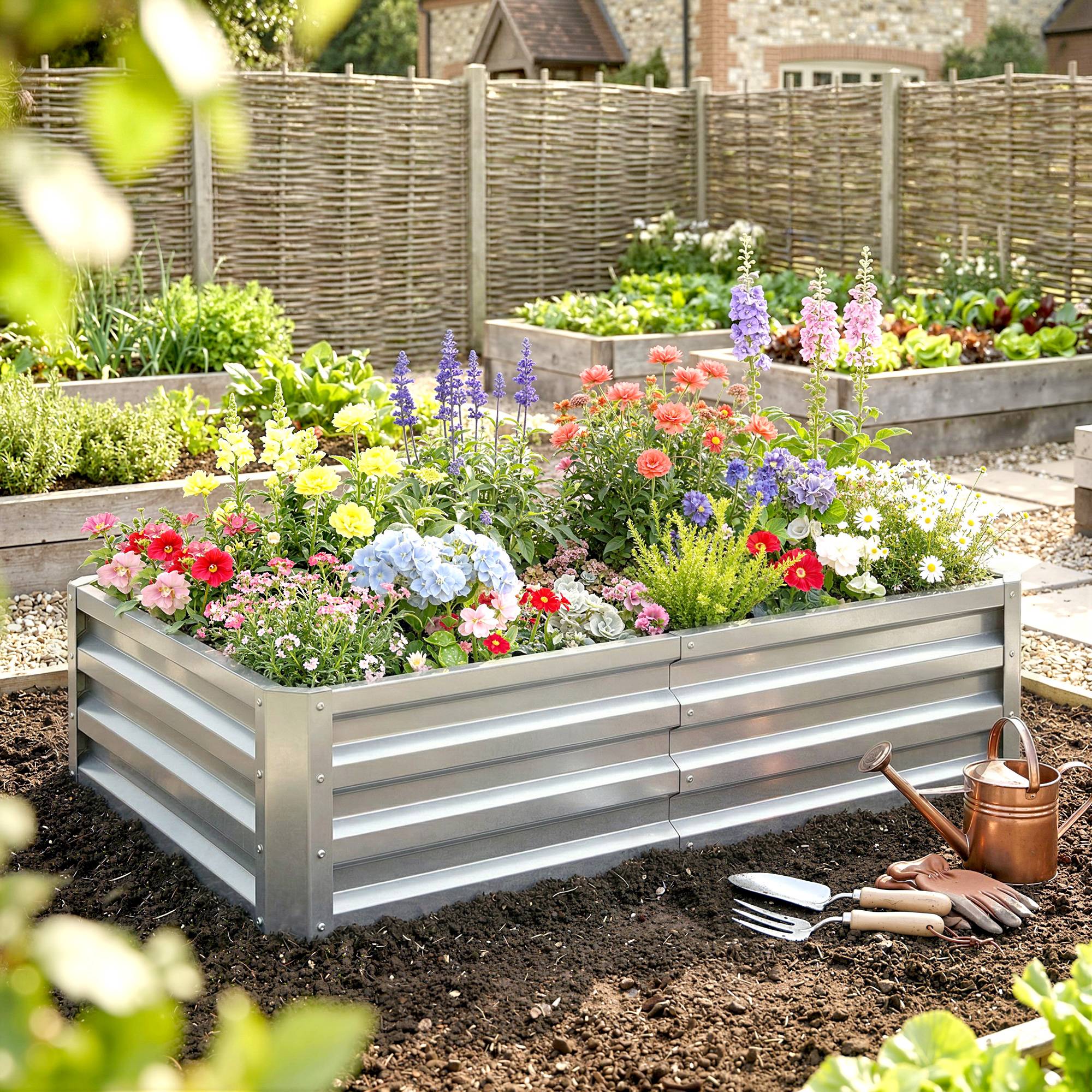 Jardinière rectangulaire surélevée en acier galvanisé pour la culture de plantes, fleurs et gazon, 120 x 60 x 30,5 cm, argent - Image 3