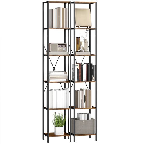 Ensemble de 2 étagères à 6 niveaux, structure en acier, pour salon, bureau, chambre, marron rustique - Image 1