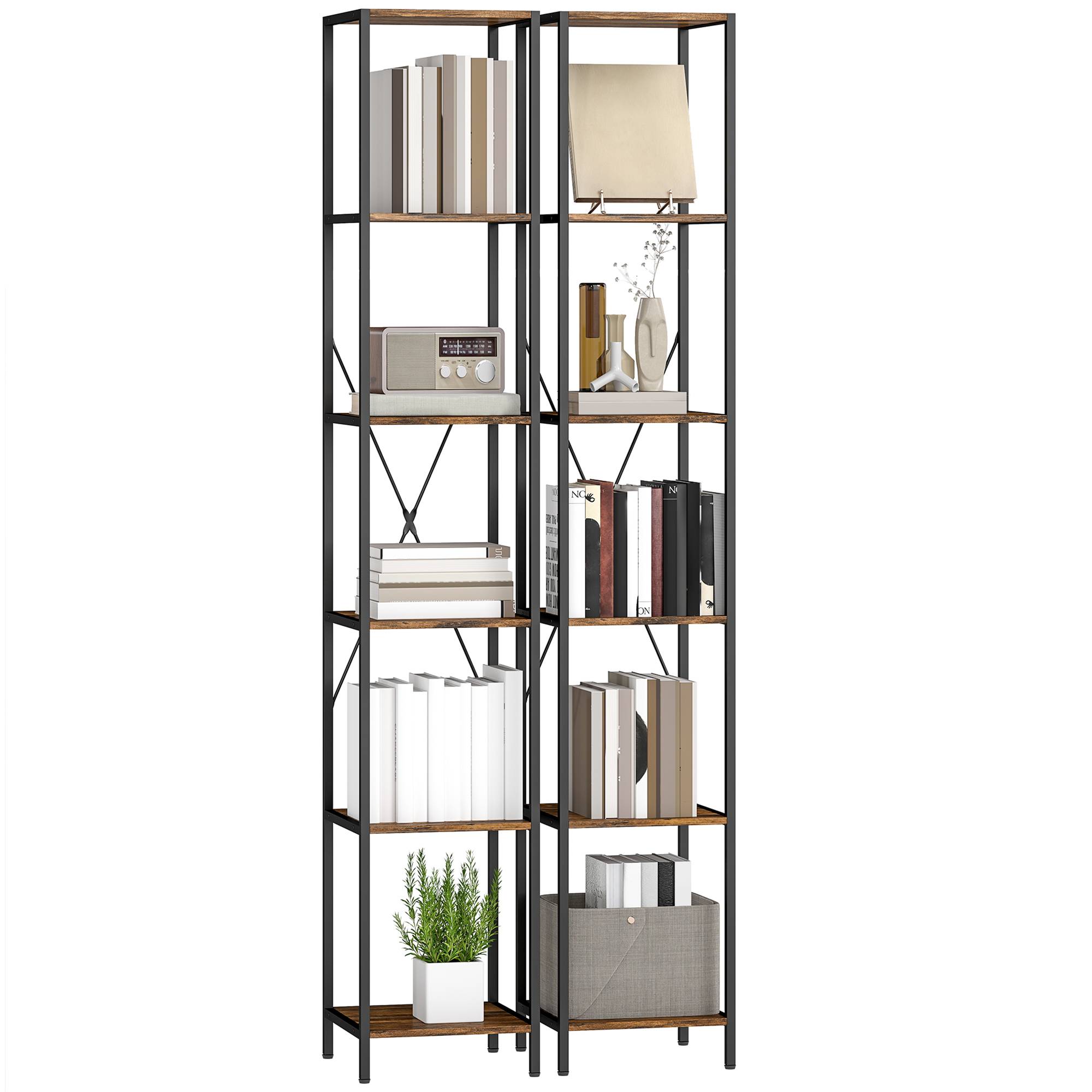 Ensemble de 2 étagères à 6 niveaux, structure en acier, pour salon, bureau, chambre, marron rustique - Image 1