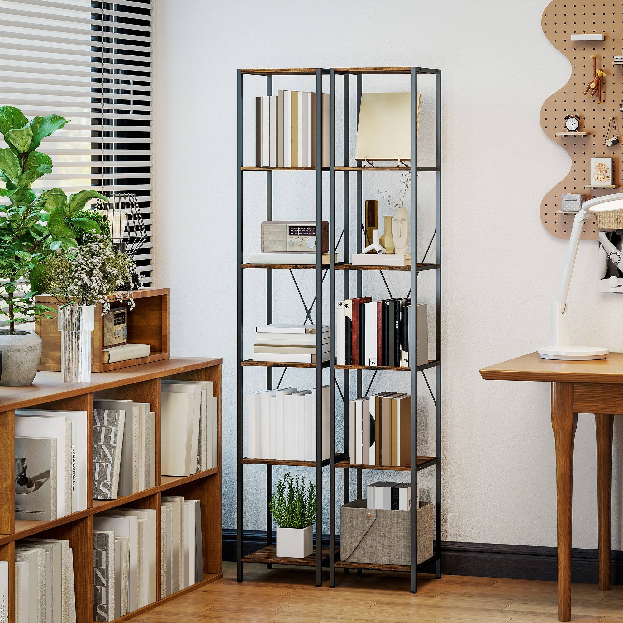 Ensemble de 2 étagères à 6 niveaux, structure en acier, pour salon, bureau, chambre, marron rustique - Image 4