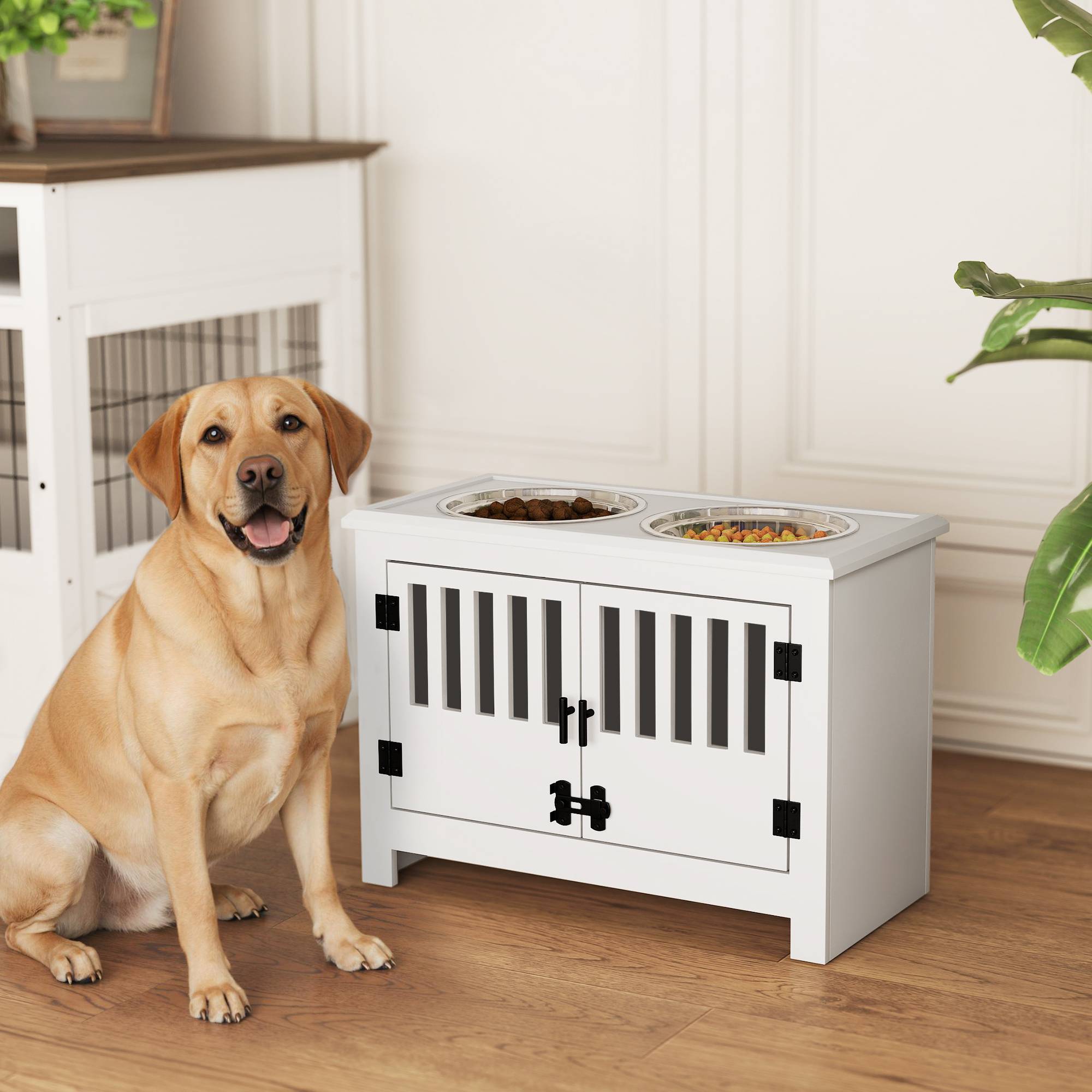 Sans Marque - Station d'alimentation surélevée pour grands chiens, 2 gamelles en acier inoxydable, espace de rangement, 35,5 x 60 x 30 cm, blanche - Image 4