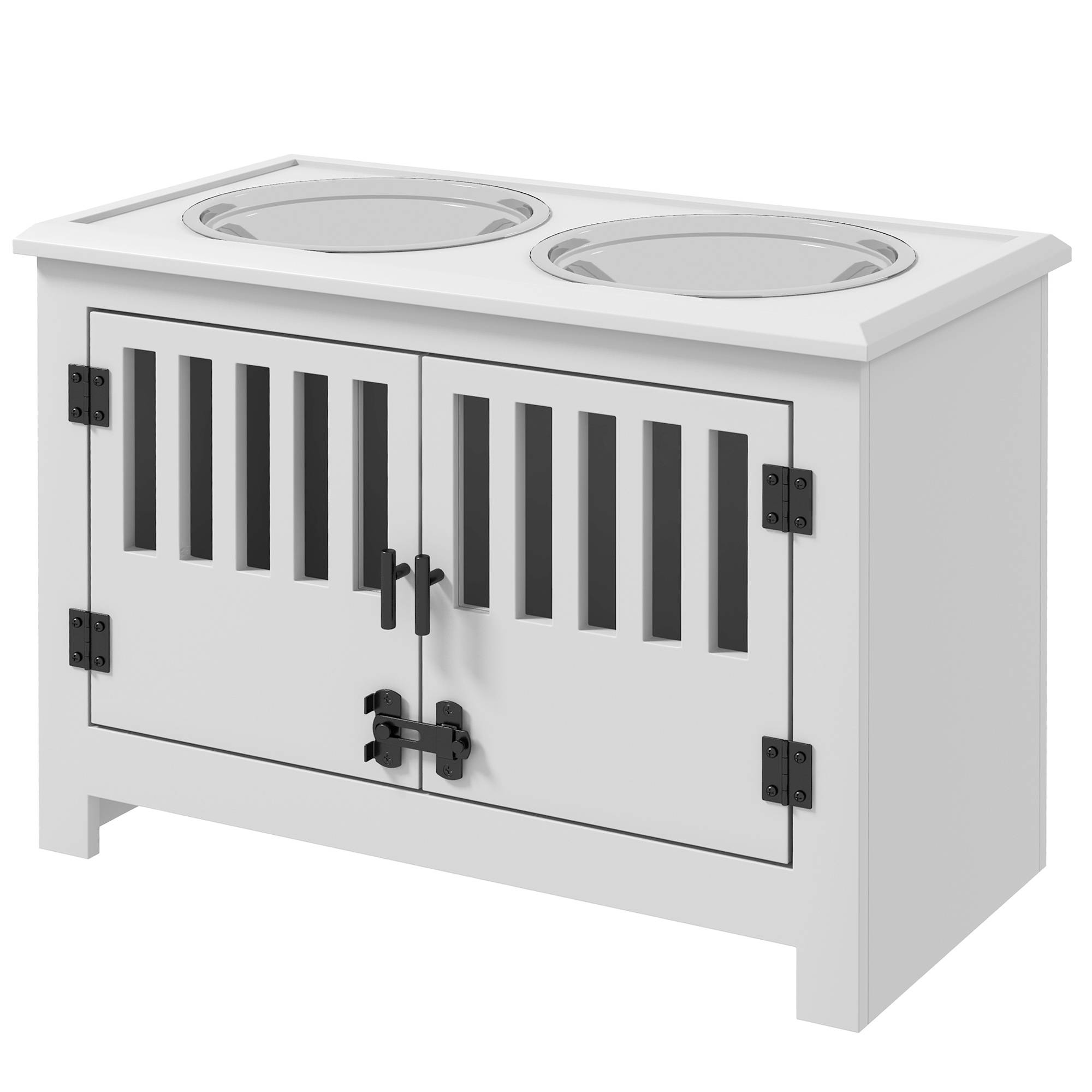 Sans Marque - Station d'alimentation surélevée pour grands chiens, 2 gamelles en acier inoxydable, espace de rangement, 35,5 x 60 x 30 cm, blanche - Image 2