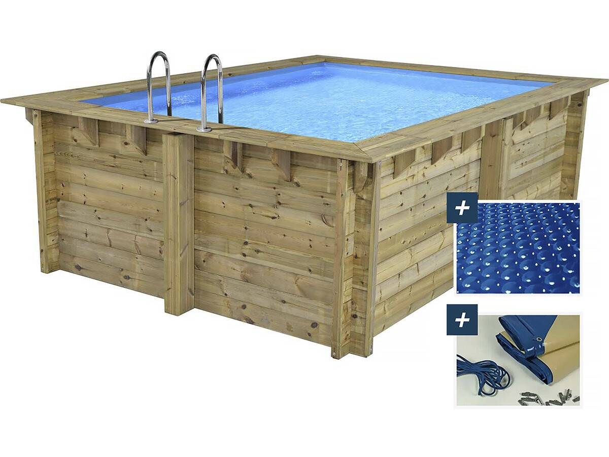 Piscine Bois Rectangle " Maldives  " - 3.20 X 3.20 X 1.24  M + Bâche à Bulles 180 µ - Bâche Hiver 280 G/m² -habitat Et Jardin - Image 1