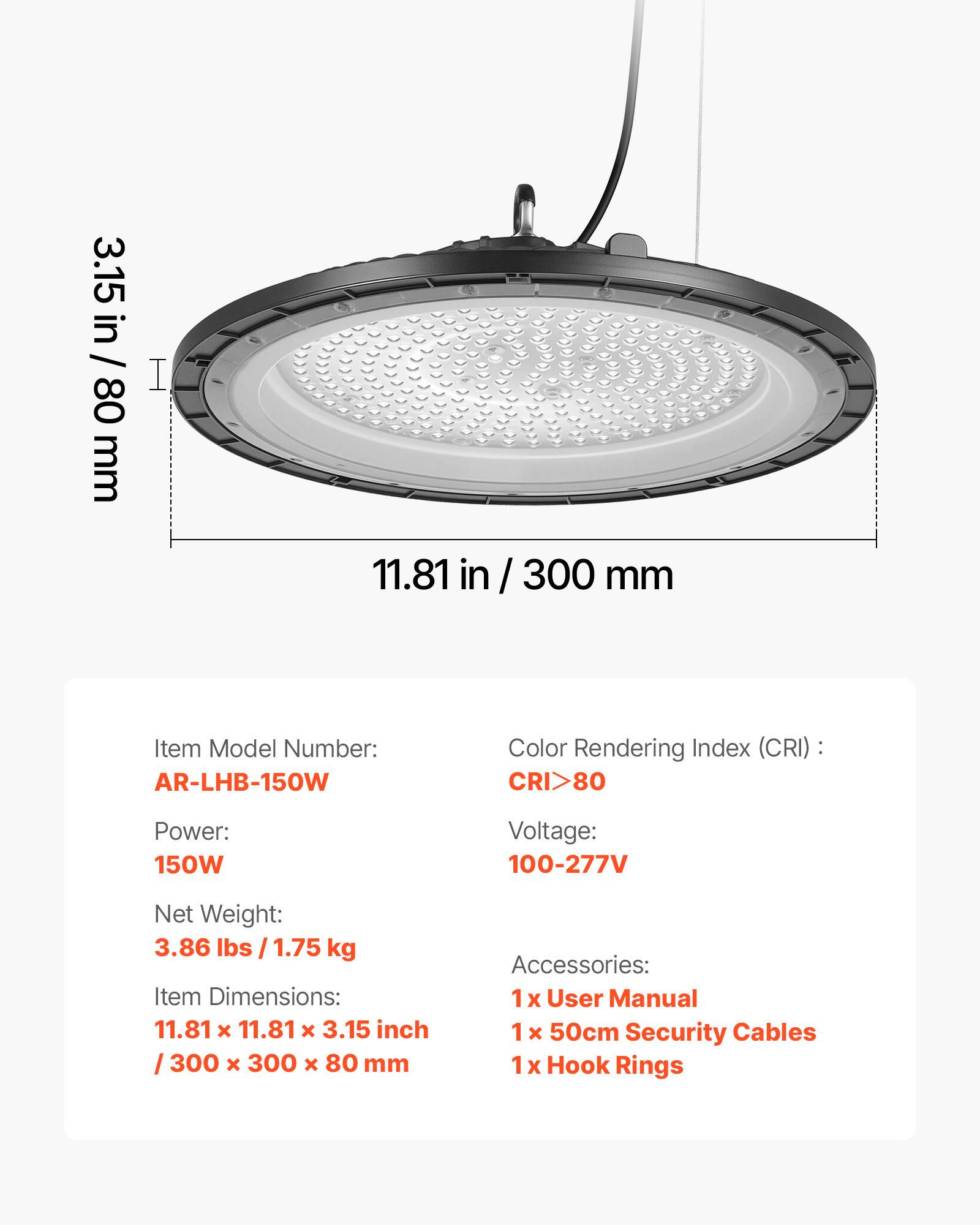 VEVOR Luminaire Haute Baie Éclairage Industriel LED 20 PCS 5000 K 150 W 21000 lm - Image 7