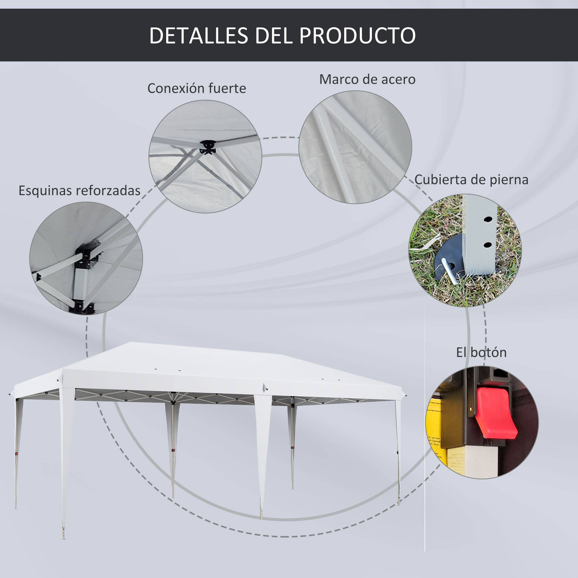 Tente pliante 6 x 3 m avec 3 niveaux de hauteur réglables, sac de transport anti-UV et structure en acier blanc - Image 7